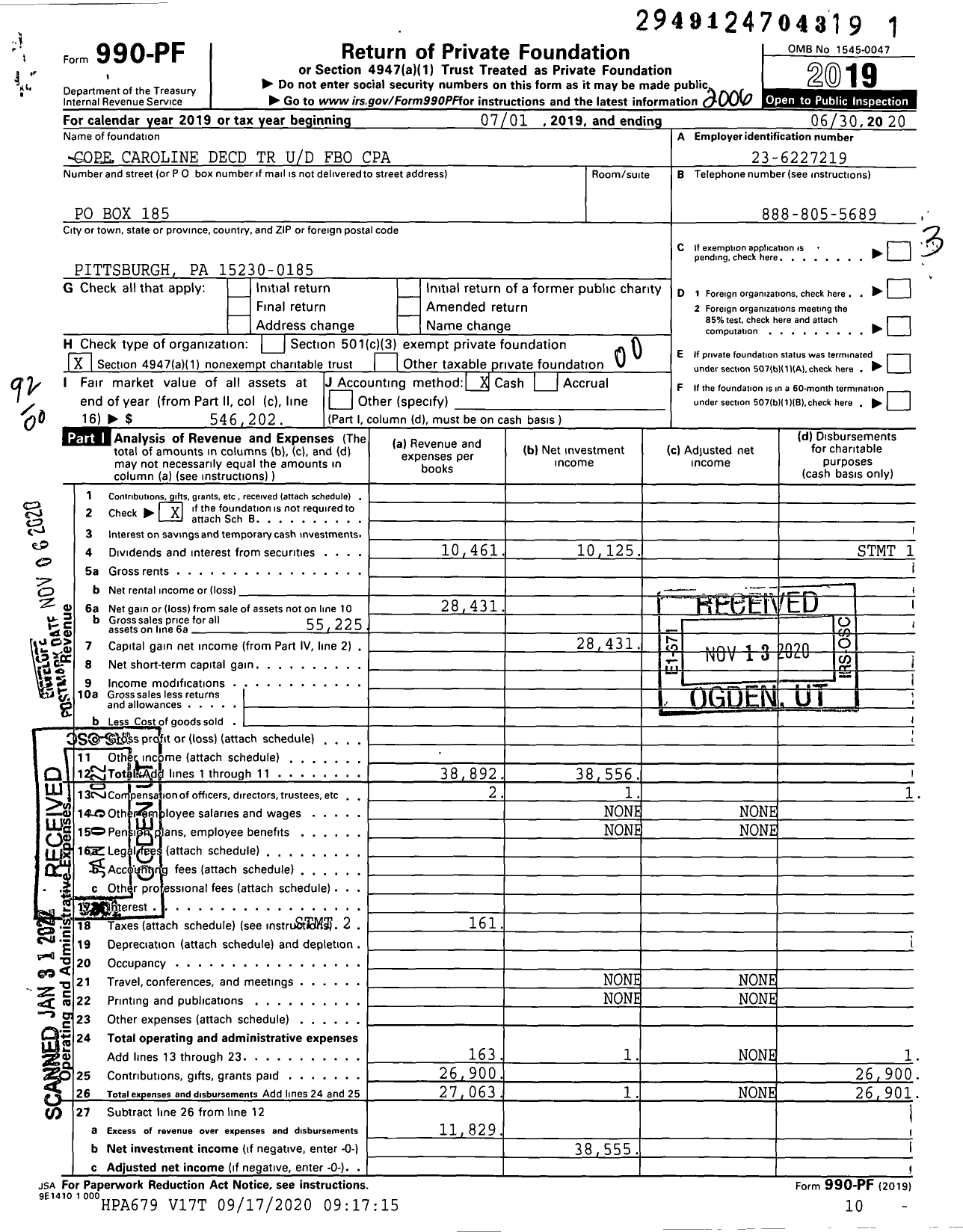 Image of first page of 2019 Form 990PF for Cope Caroline Decd TR Ud Fbo CPA