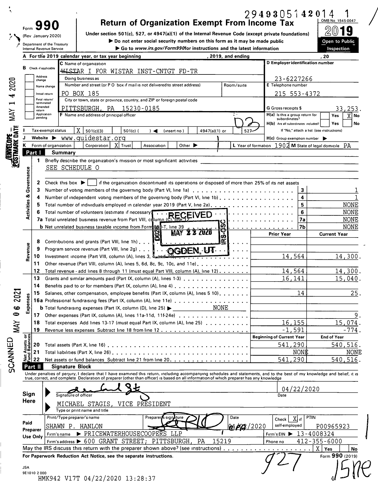 Image of first page of 2019 Form 990 for Wistar I for Wistar Inst-Cntgt FD-TR