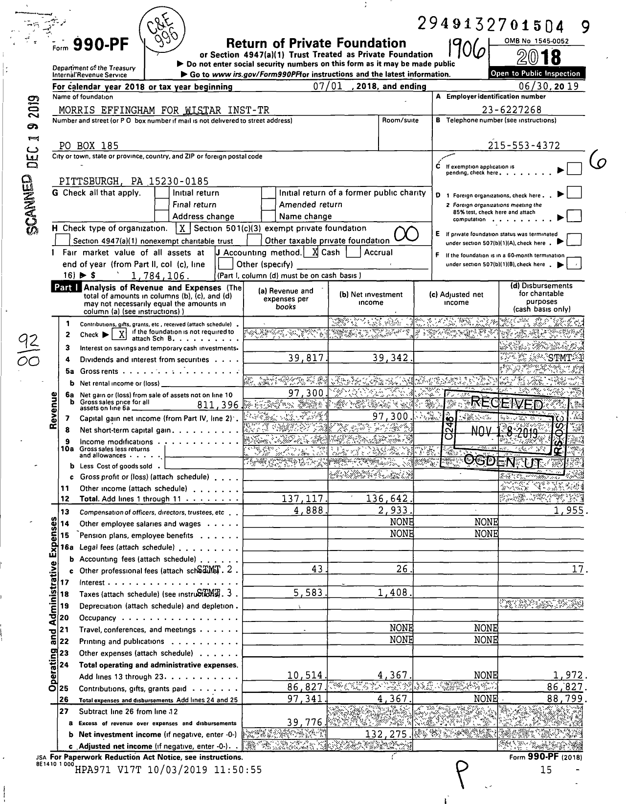 Image of first page of 2018 Form 990PF for Morris Effingham for Wistar Inst-Tr