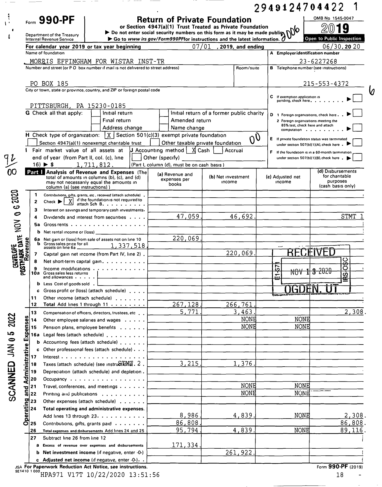 Image of first page of 2019 Form 990PF for Morris Effingham for Wistar Inst-Tr