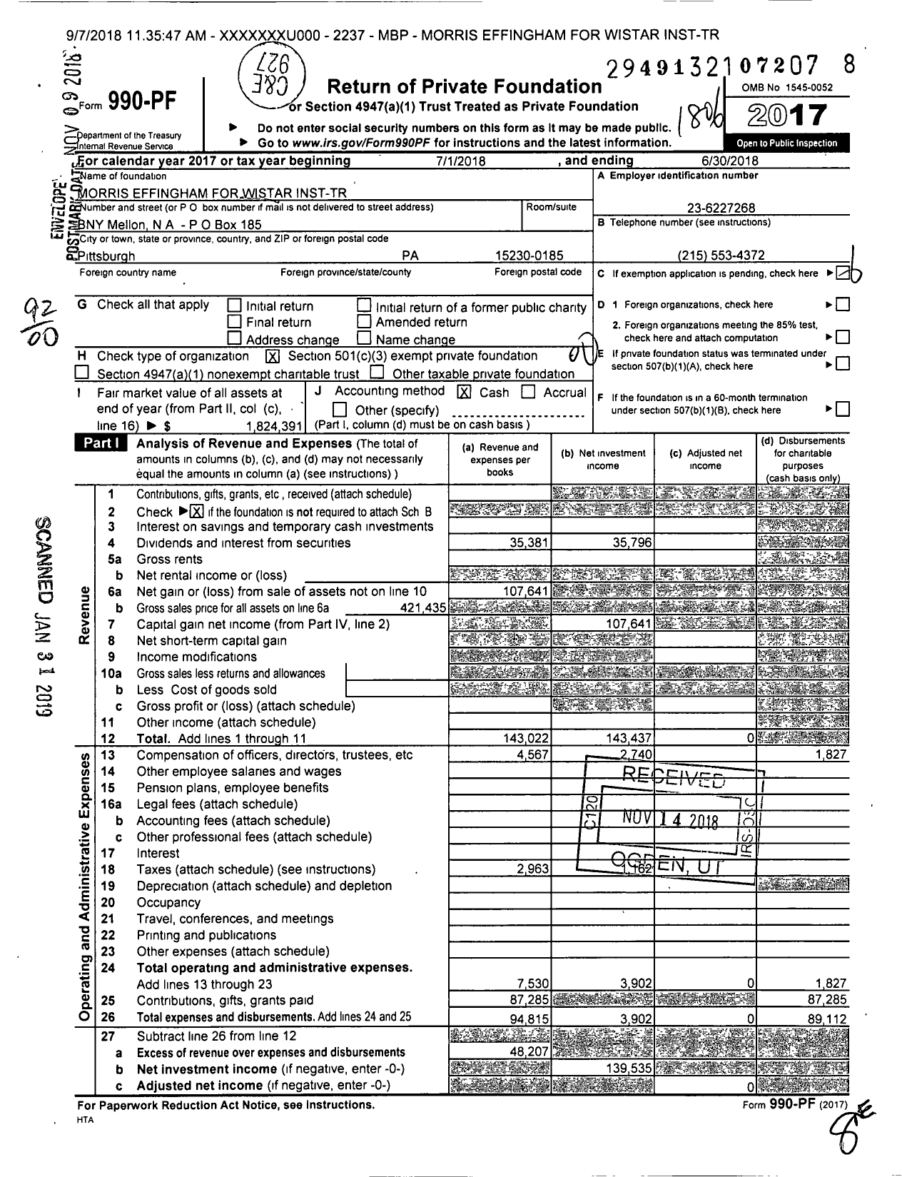 Image of first page of 2017 Form 990PF for Morris Effingham for Wistar Inst-Tr