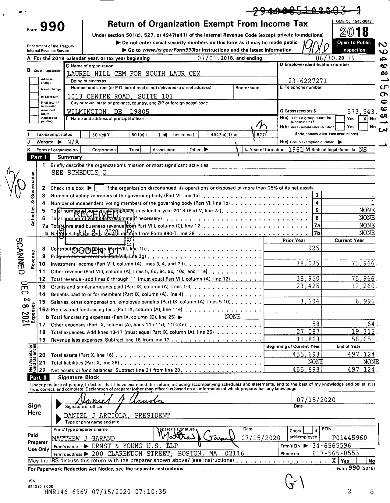 Image of first page of 2018 Form 990O for Laurel Hill Cem for South Laur Cem