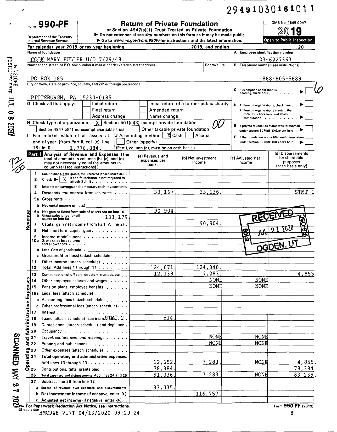 Image of first page of 2019 Form 990PF for Cook Mary Fuller Ud 72948