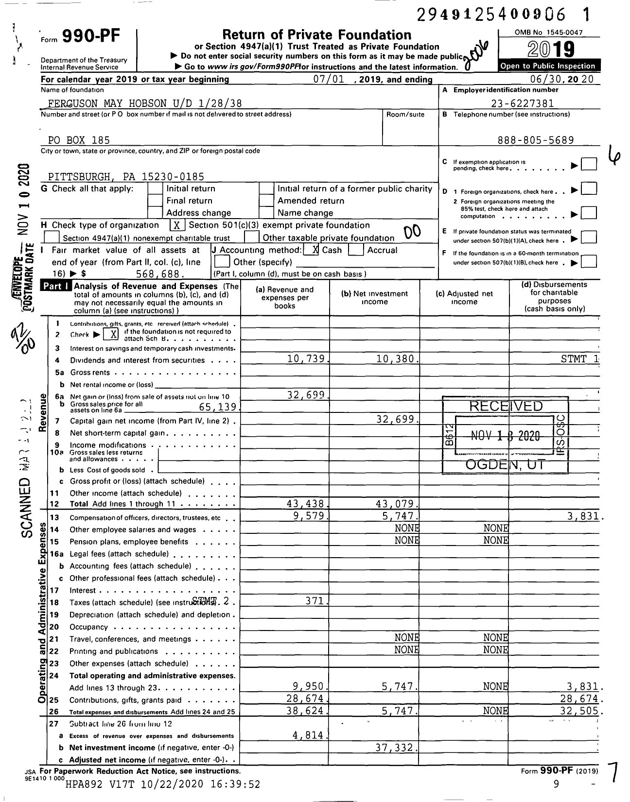 Image of first page of 2019 Form 990PF for Ferguson May Hobson Ud 12838