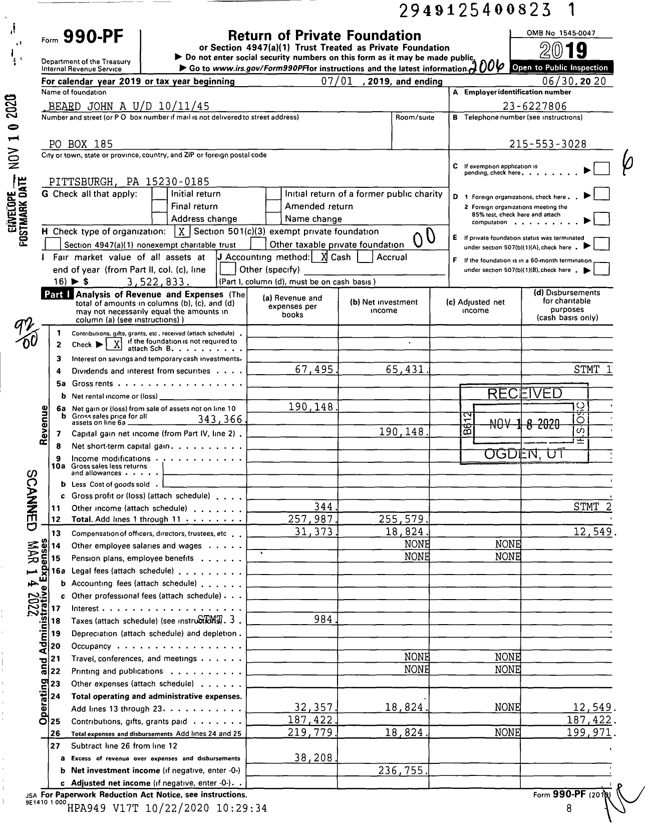 Image of first page of 2019 Form 990PF for Beard John A Ud 101145