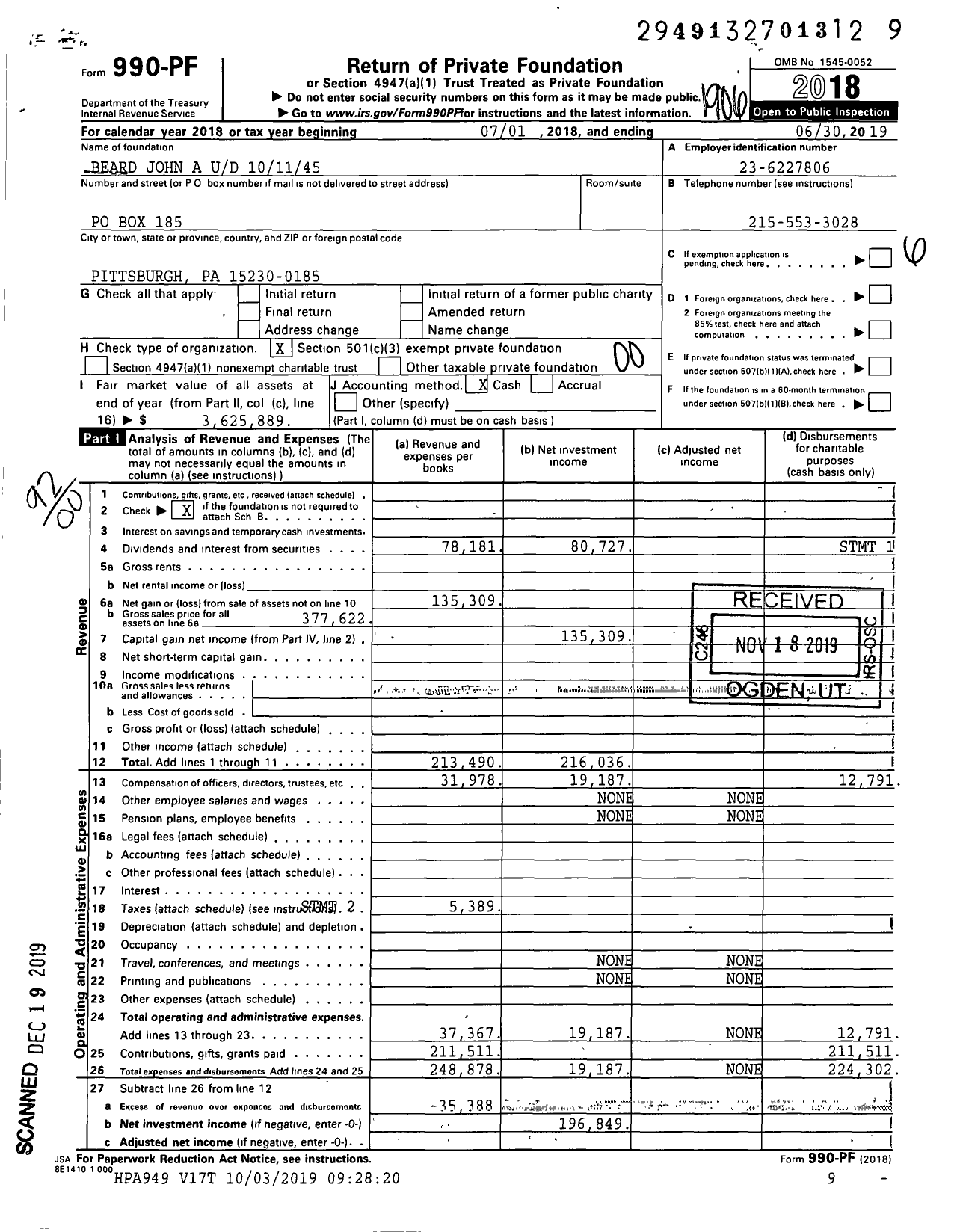 Image of first page of 2018 Form 990PF for Beard John A Ud 101145