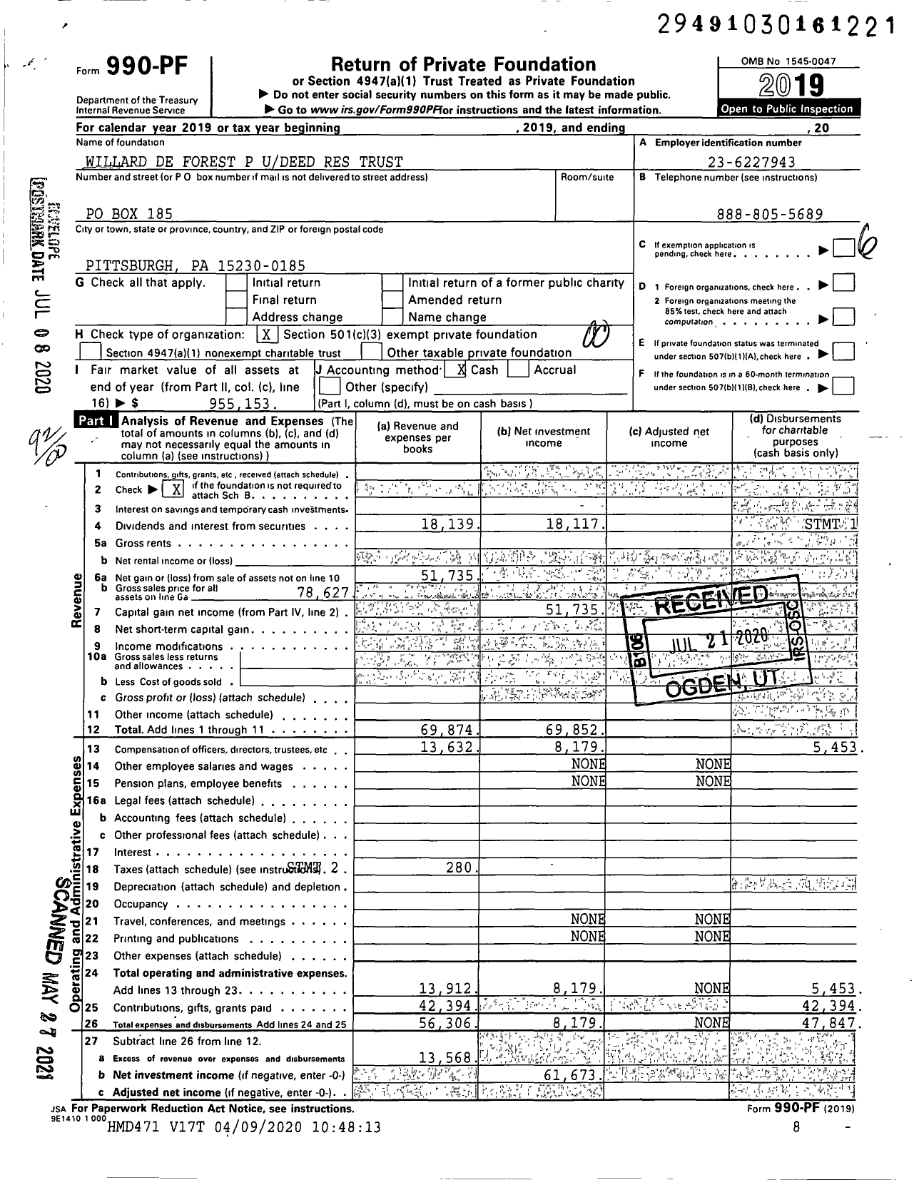 Image of first page of 2019 Form 990PF for Willard de Forest P Udeed Res Trust