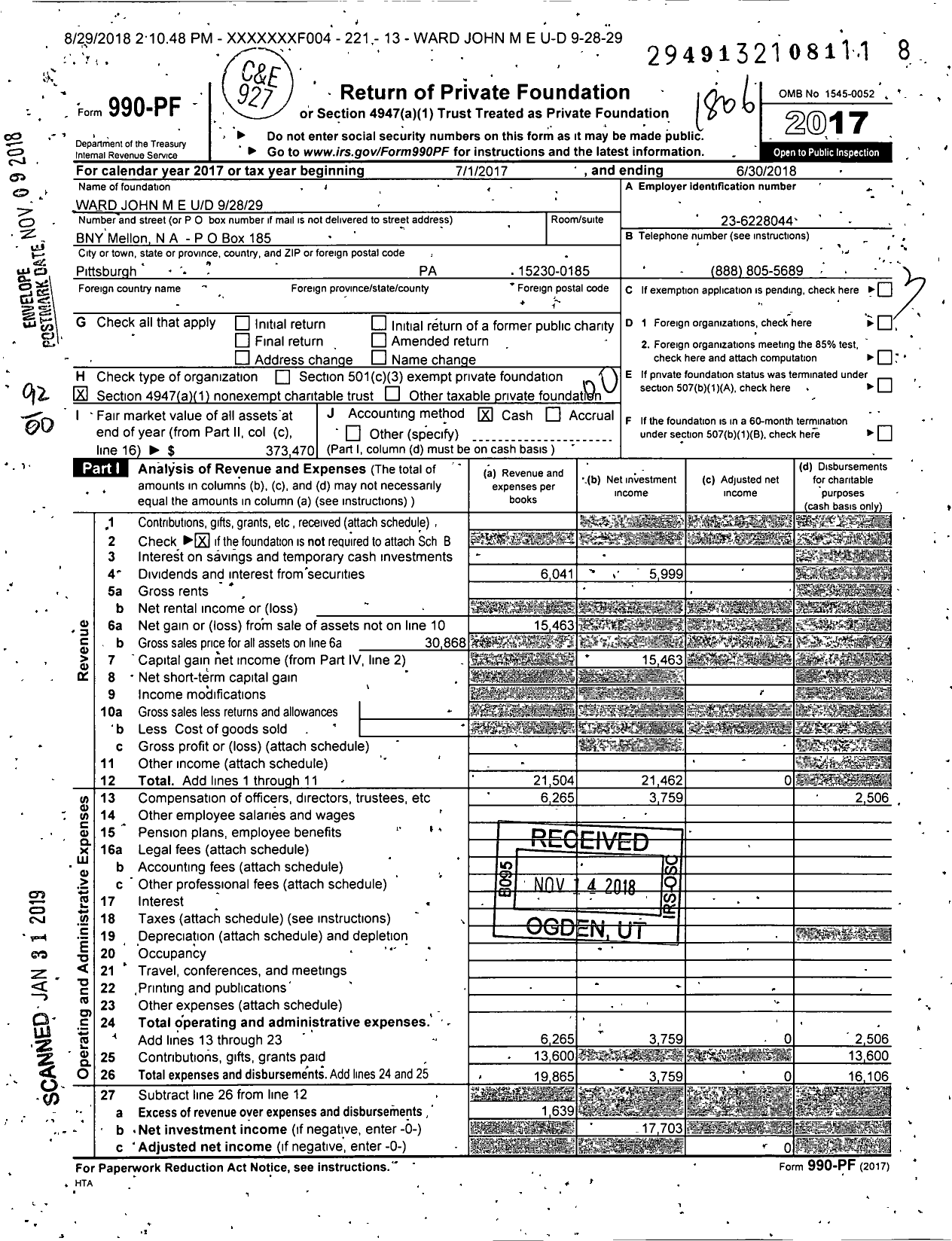 Image of first page of 2017 Form 990PF for Ward John M E Ud 92829