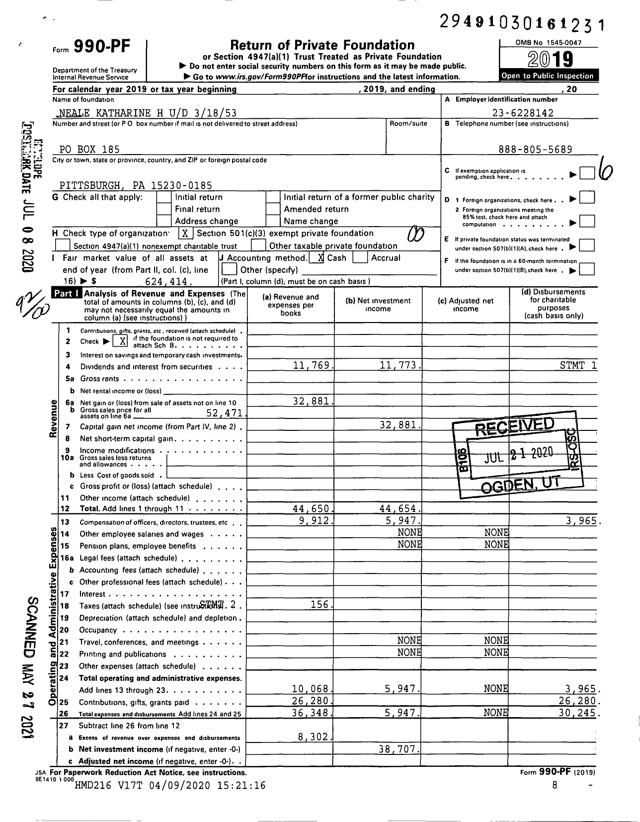 Image of first page of 2019 Form 990PF for Neale Katharine H Ud 31853