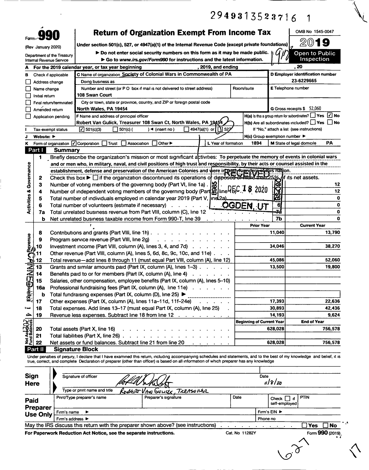 Image of first page of 2019 Form 990 for Society of Colonial Wars PA