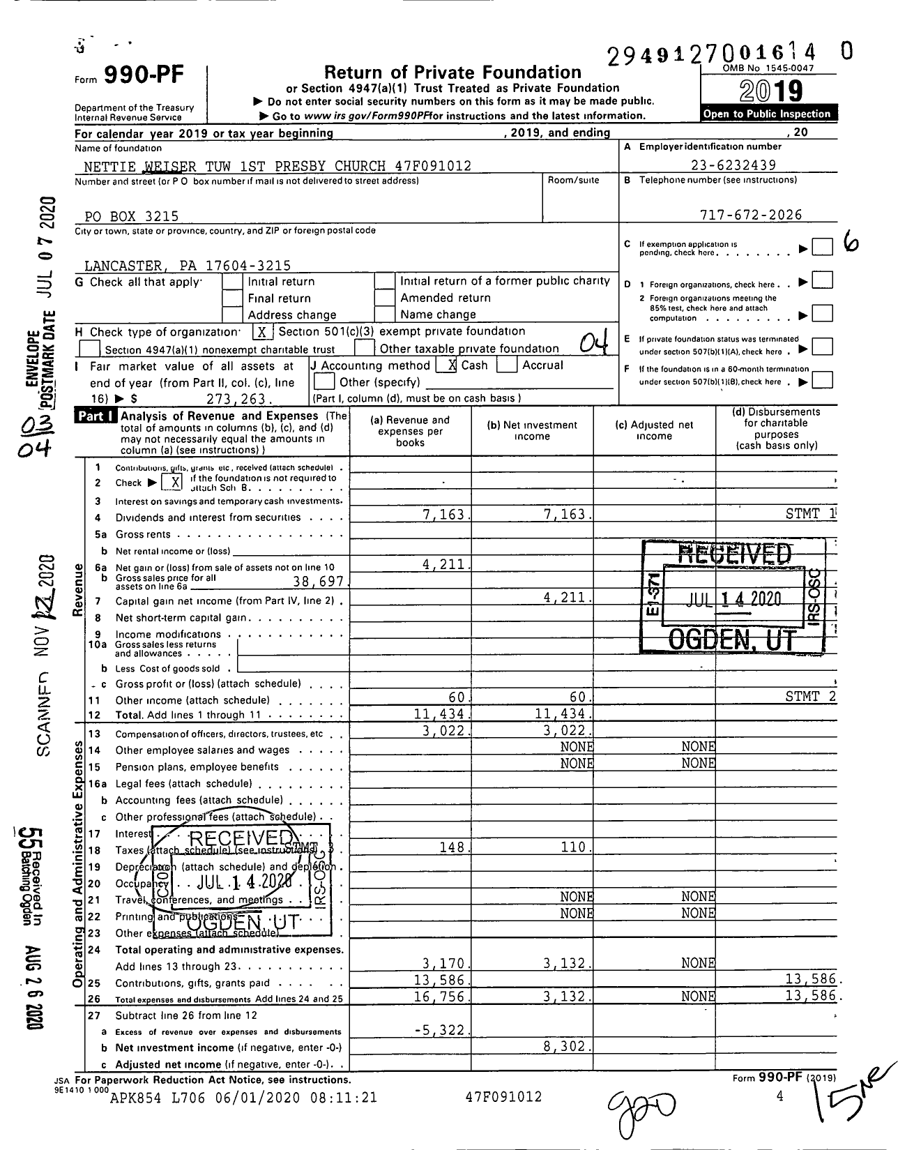 Image of first page of 2019 Form 990PF for Nettie Weiser Tuw 1st Presby Church 47f091012