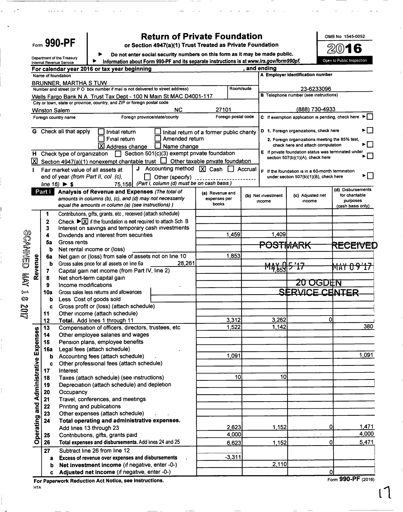 Image of first page of 2016 Form 990PF for Brunner Martha S Tuw