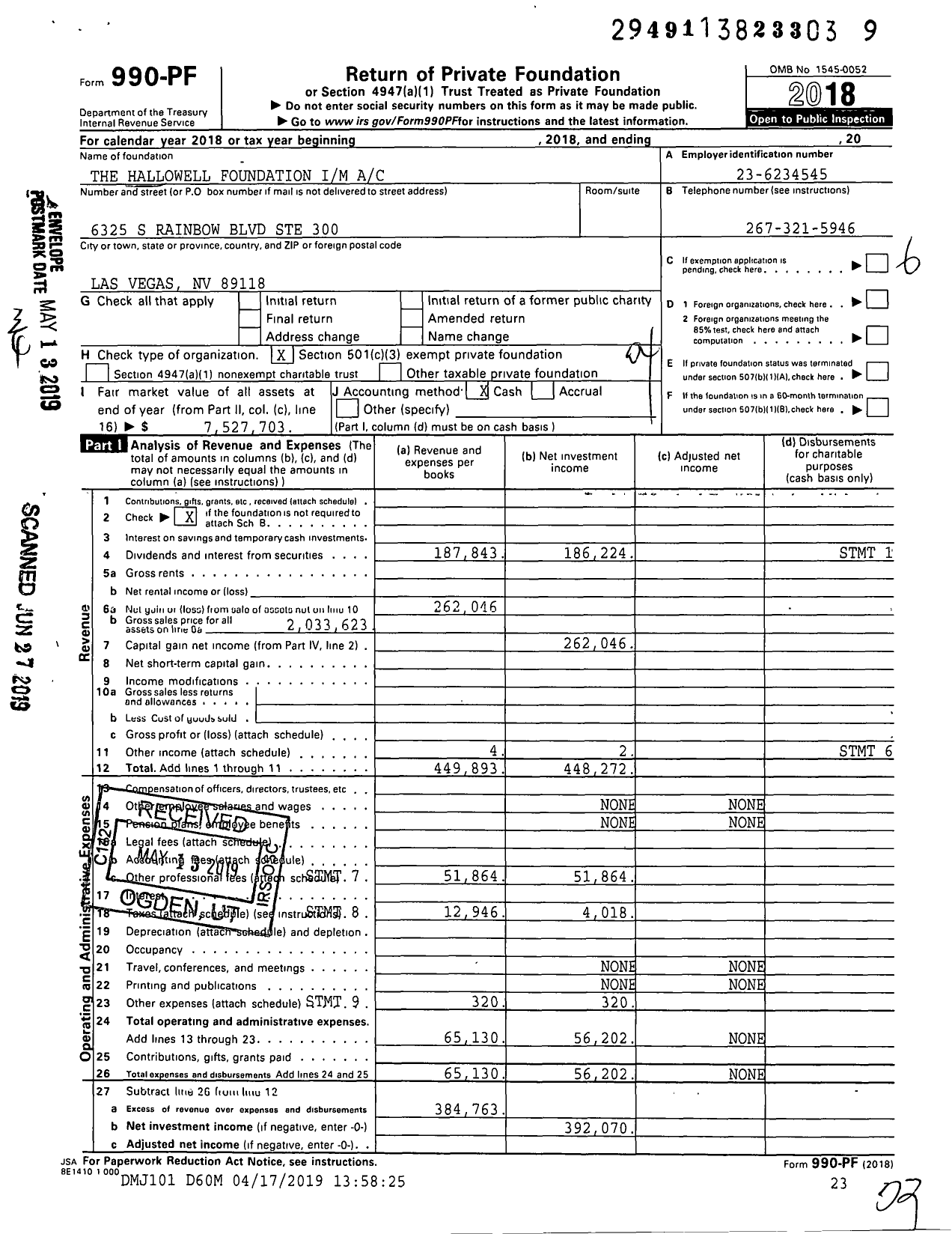 Image of first page of 2018 Form 990PF for Hallowell Foundation Agency-Main