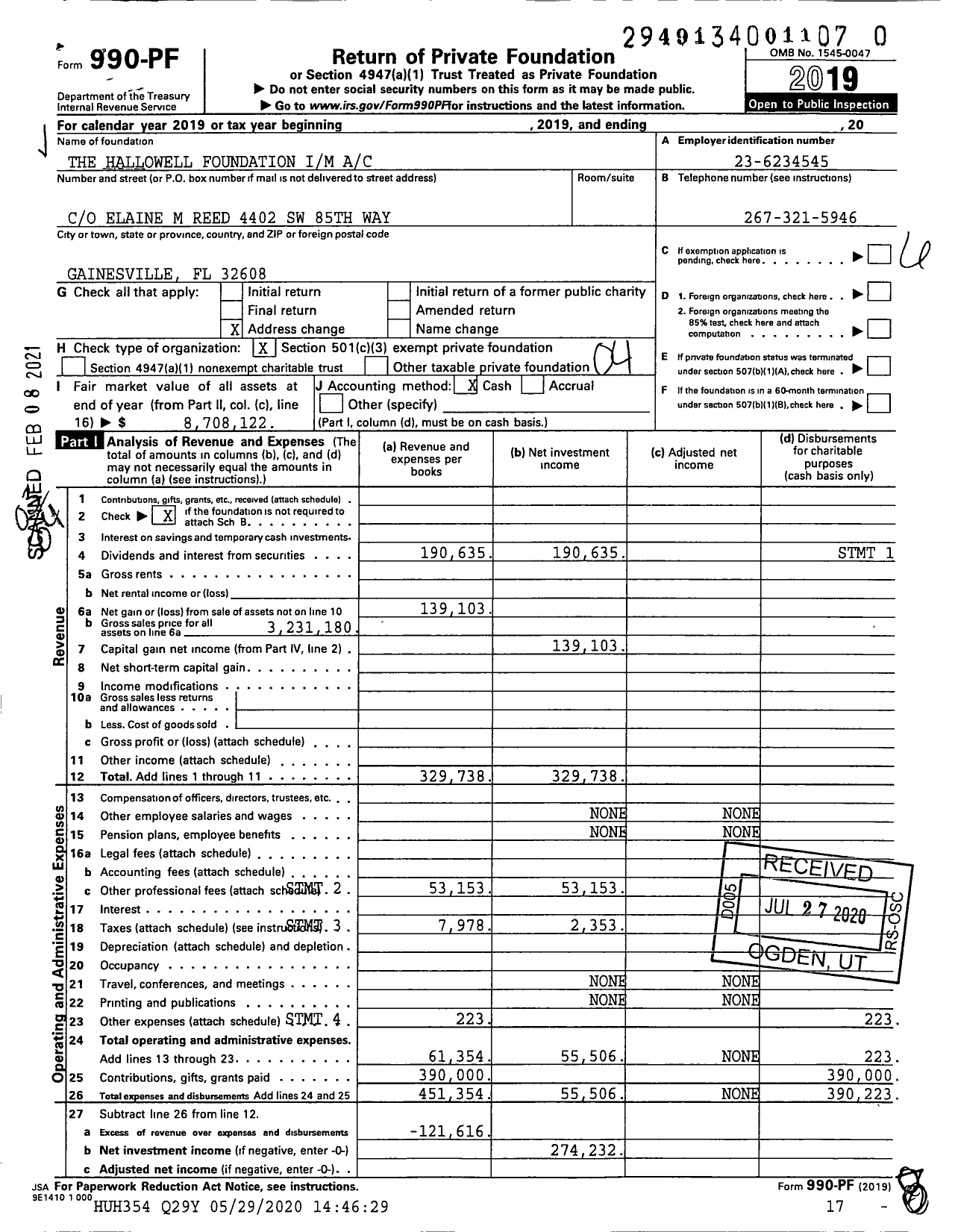 Image of first page of 2019 Form 990PF for Hallowell Foundation Agency-Main