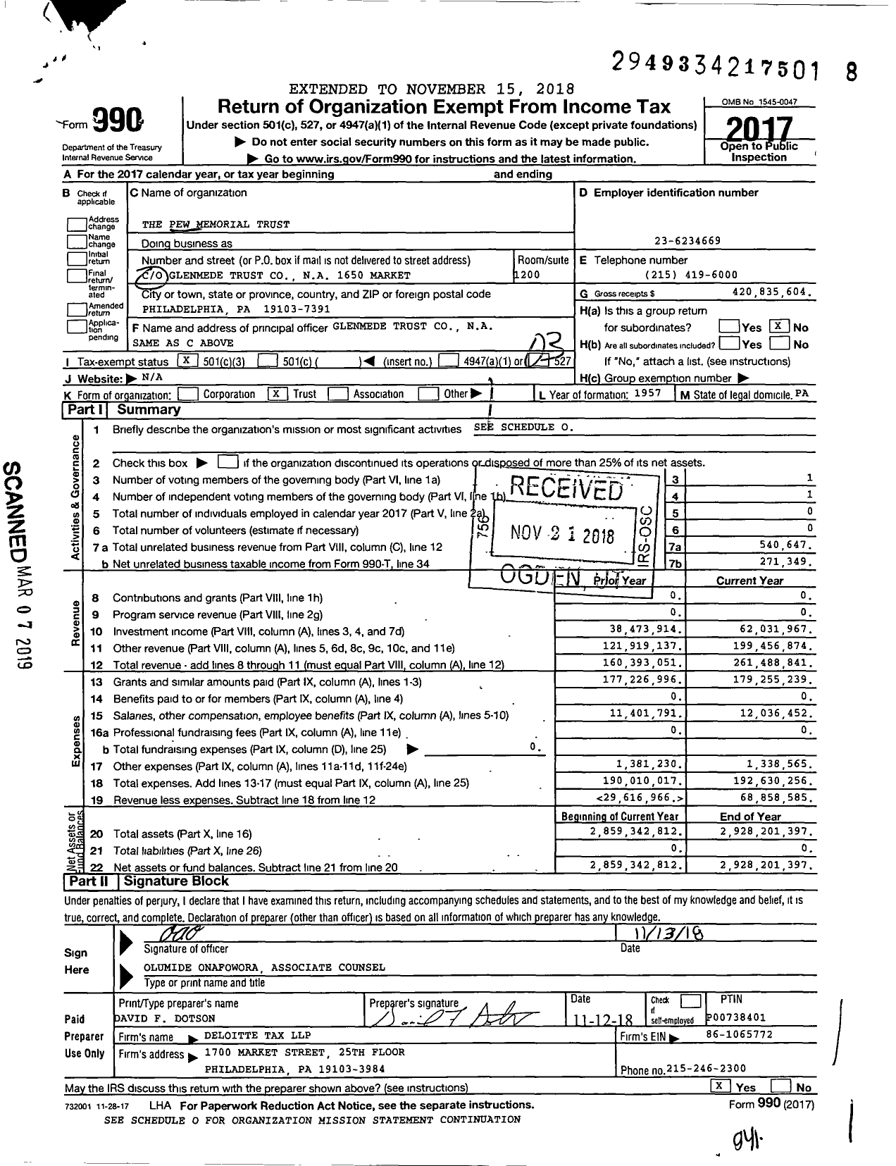 Image of first page of 2017 Form 990 for Pew Memorial Trust