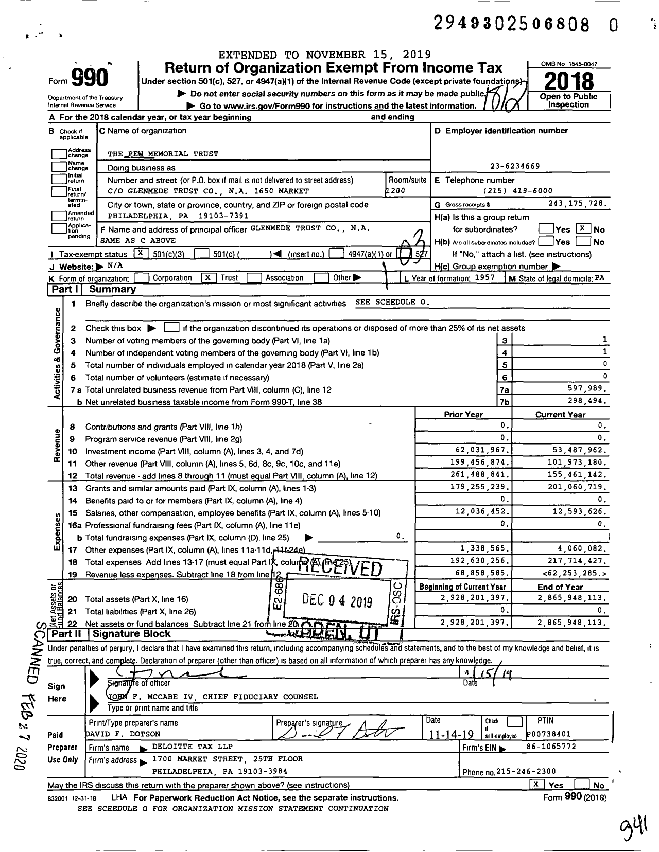 Image of first page of 2018 Form 990 for Pew Memorial Trust