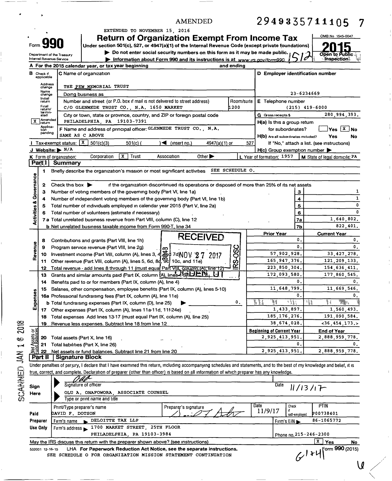 Image of first page of 2015 Form 990 for Pew Memorial Trust