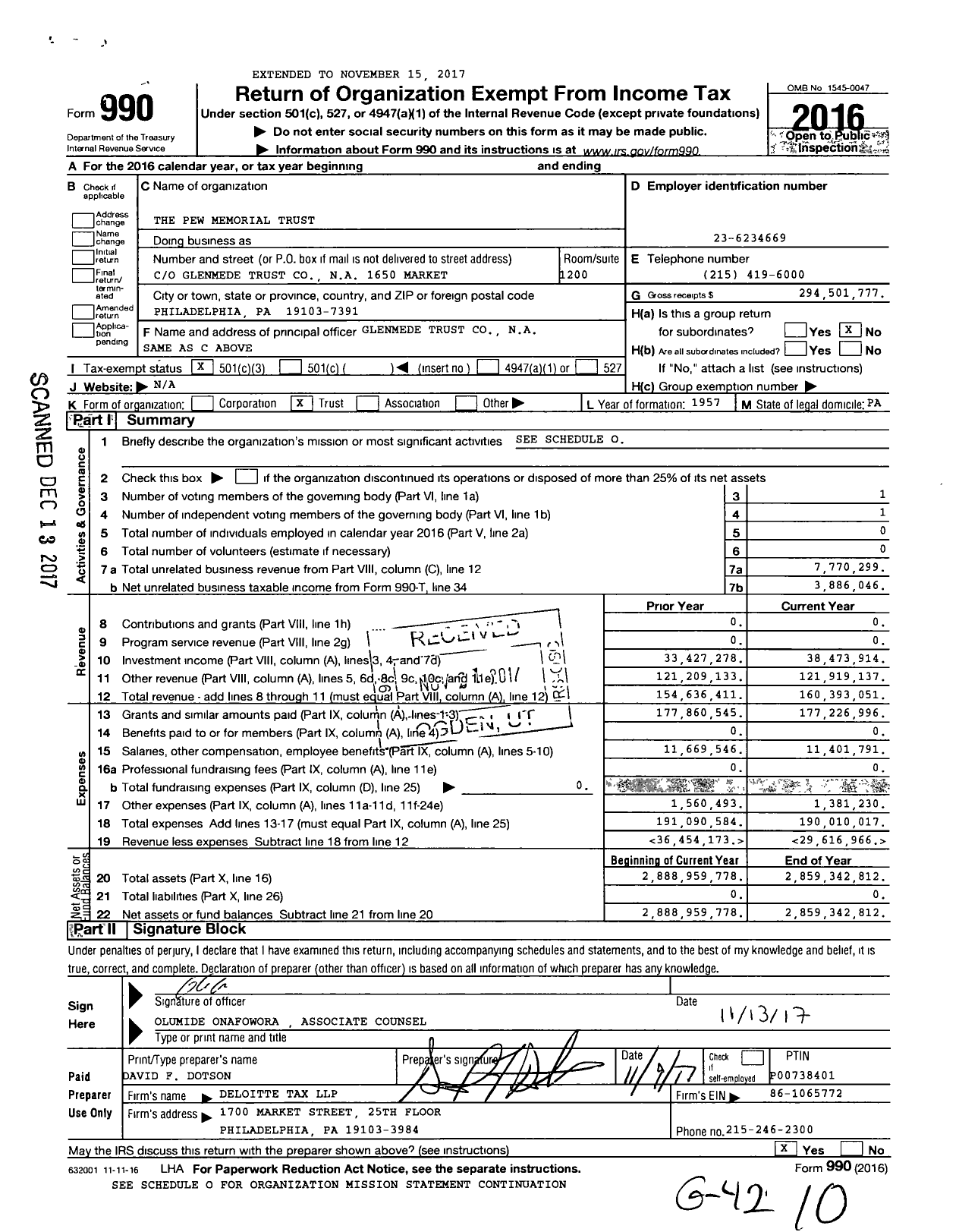 Image of first page of 2016 Form 990 for Pew Memorial Trust