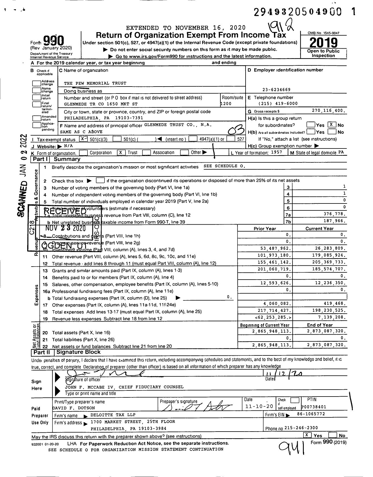 Image of first page of 2019 Form 990 for Pew Memorial Trust