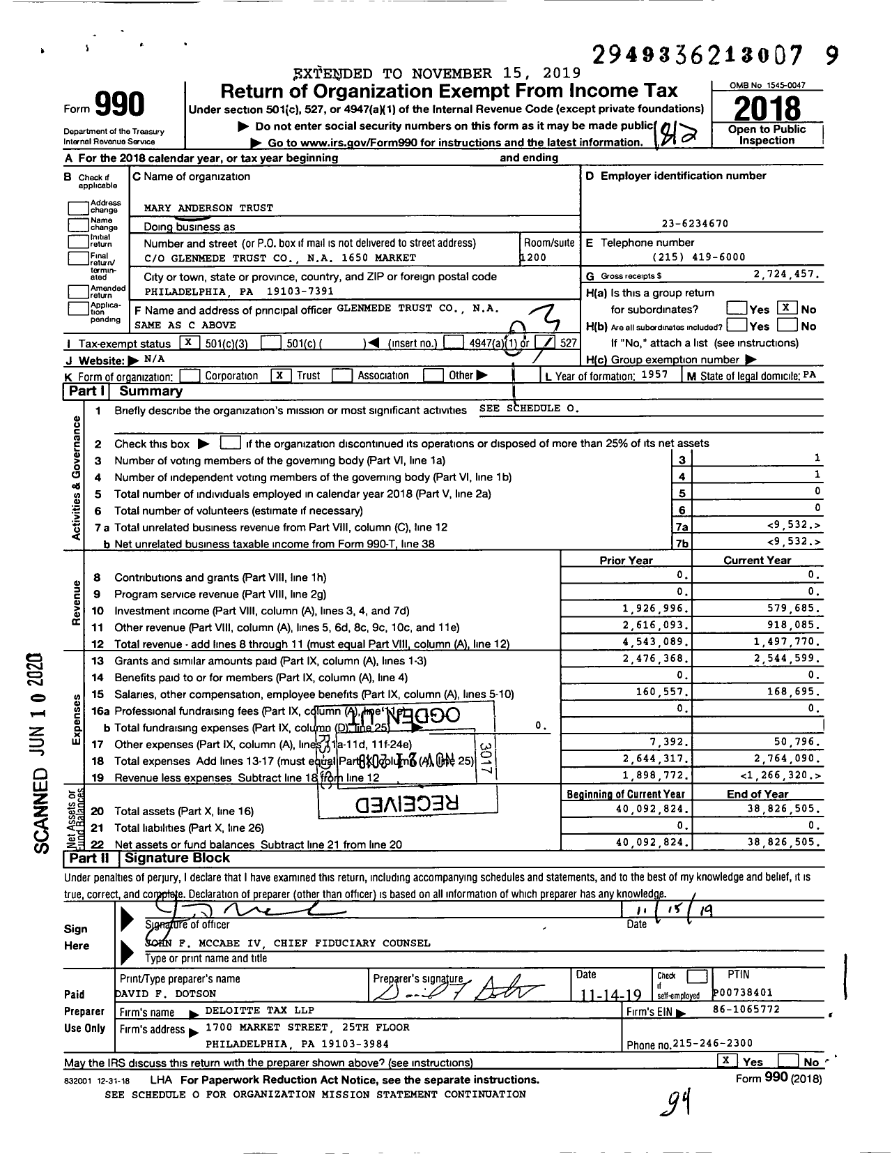 Image of first page of 2018 Form 990 for Mary Anderson Trust