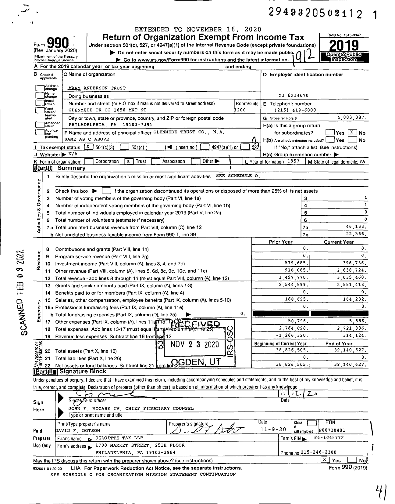 Image of first page of 2019 Form 990 for Mary Anderson Trust