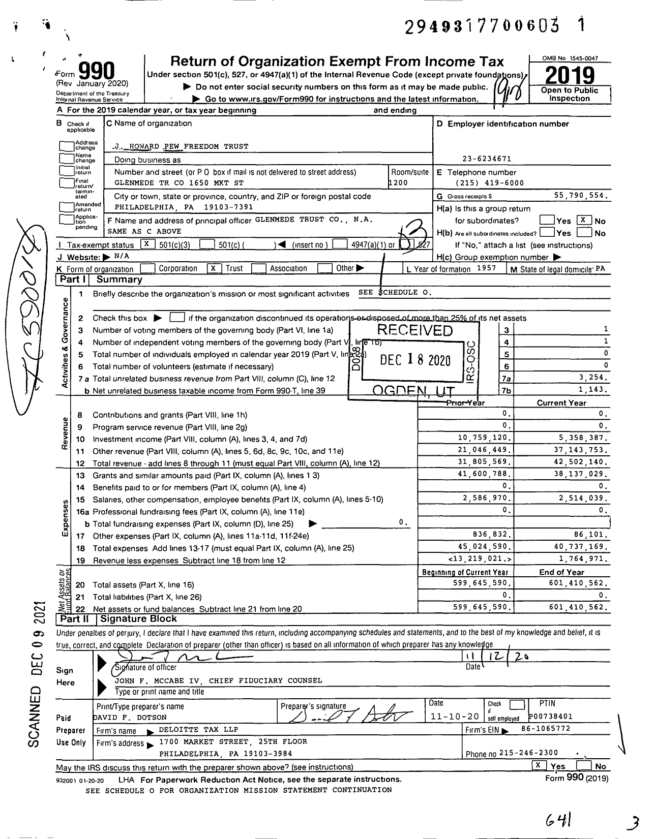 Image of first page of 2019 Form 990 for J. Howard Pew Freedom Trust