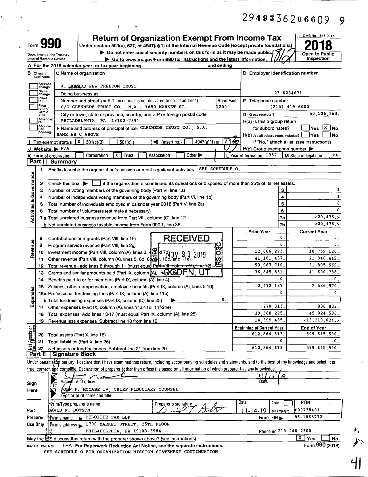 Image of first page of 2018 Form 990 for J. Howard Pew Freedom Trust