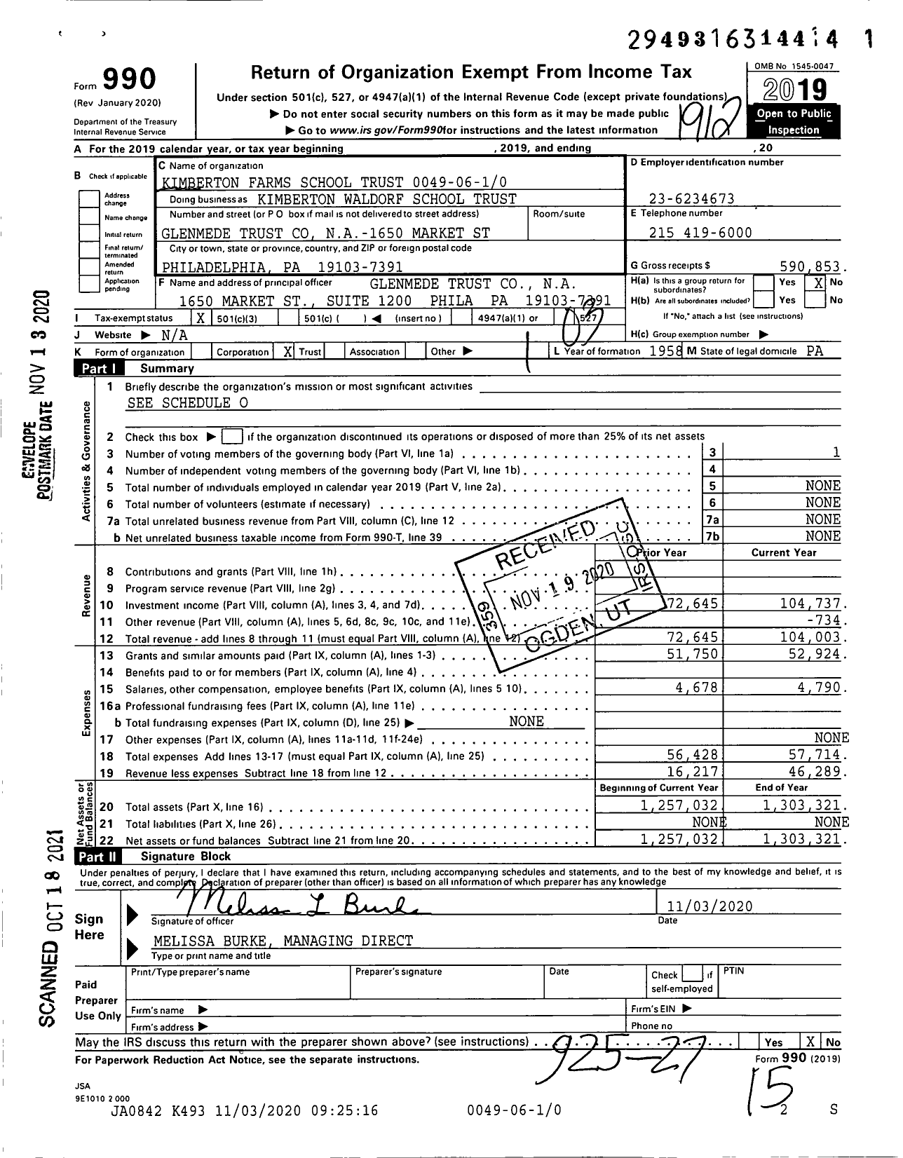 Image of first page of 2019 Form 990 for Kimberton Waldorf School Trust