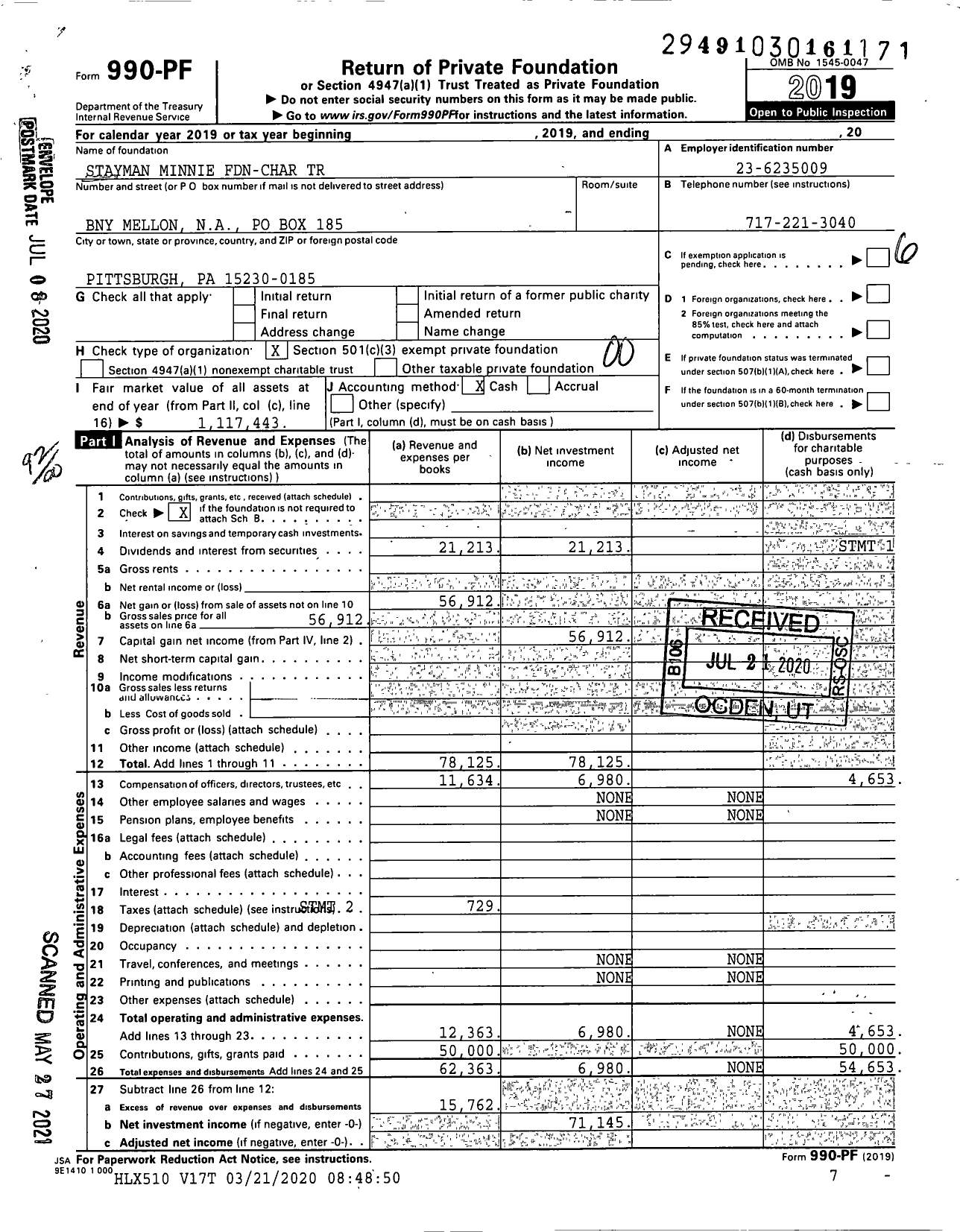 Image of first page of 2019 Form 990PF for Stayman Minnie Fdn-Char Trust