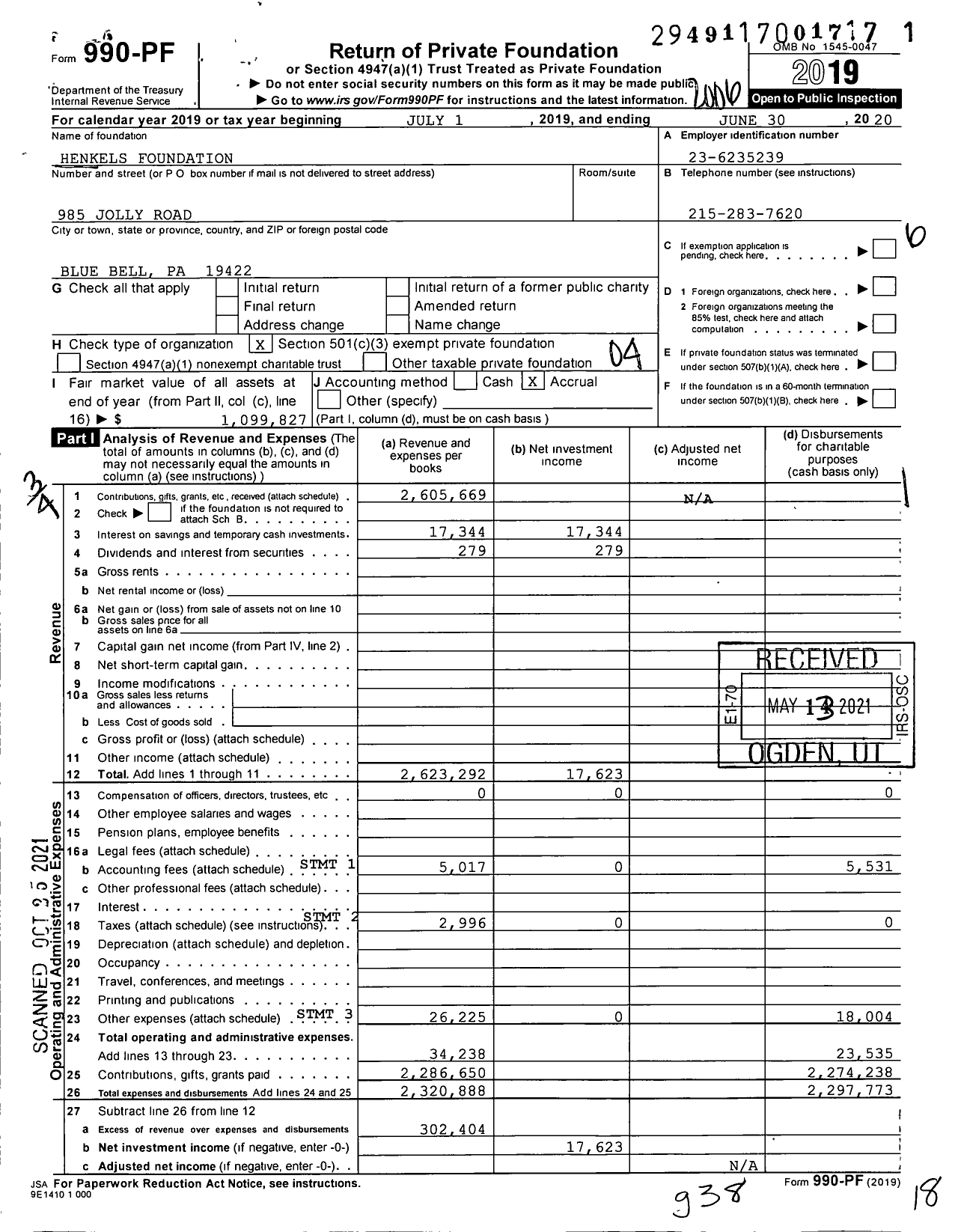 Image of first page of 2019 Form 990PF for Henkels Foundation