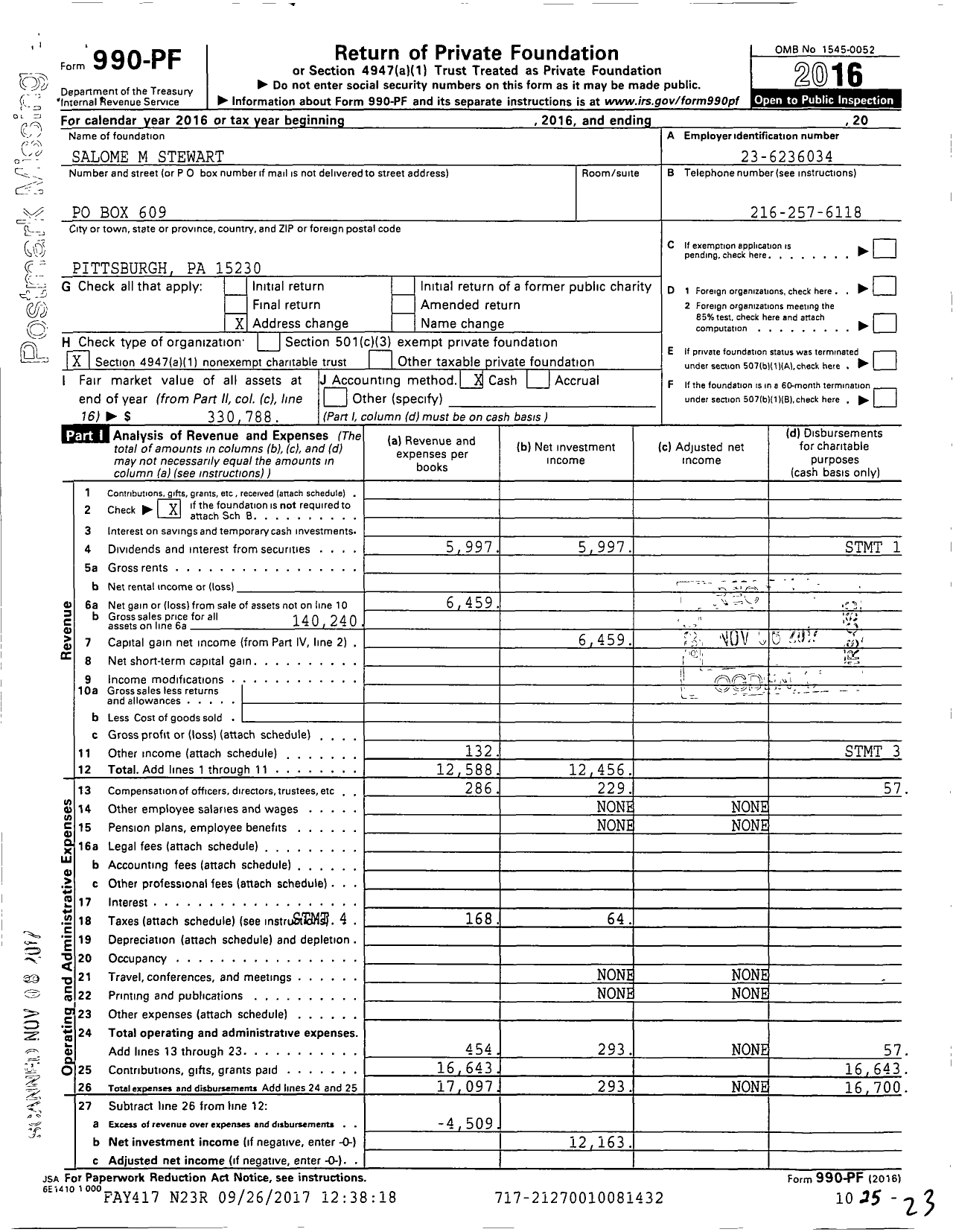 Image of first page of 2016 Form 990PF for Salome M Stewart