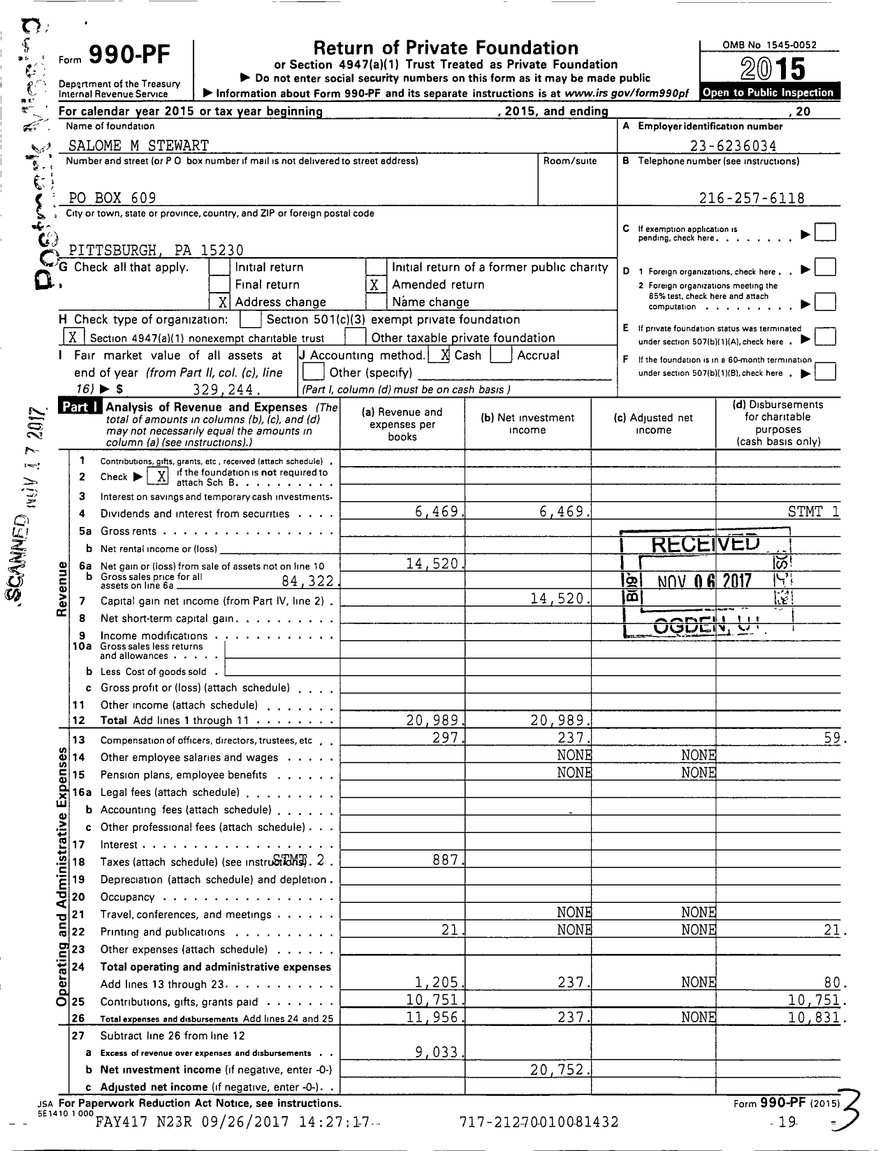 Image of first page of 2015 Form 990PF for Salome M Stewart