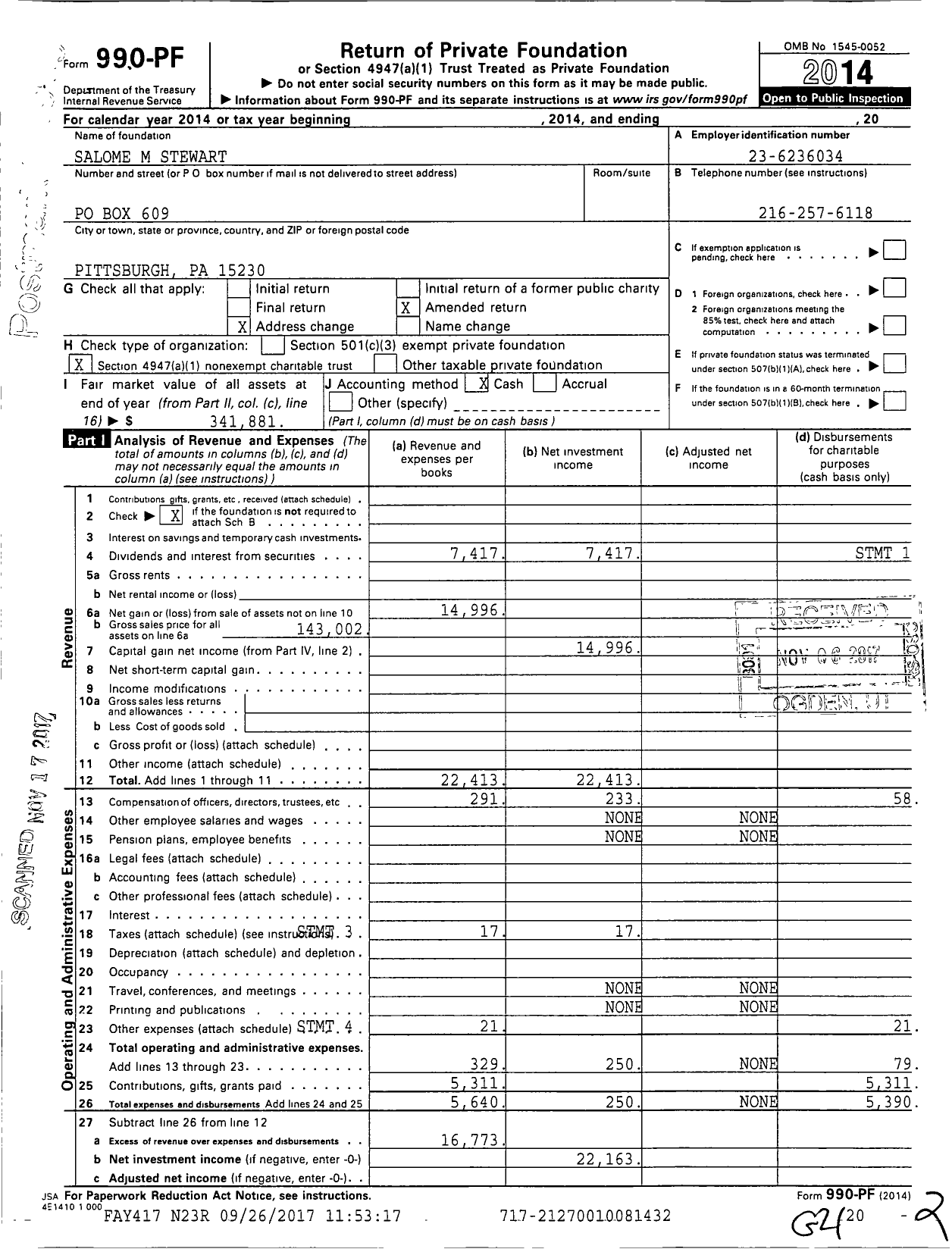 Image of first page of 2014 Form 990PF for Salome M Stewart