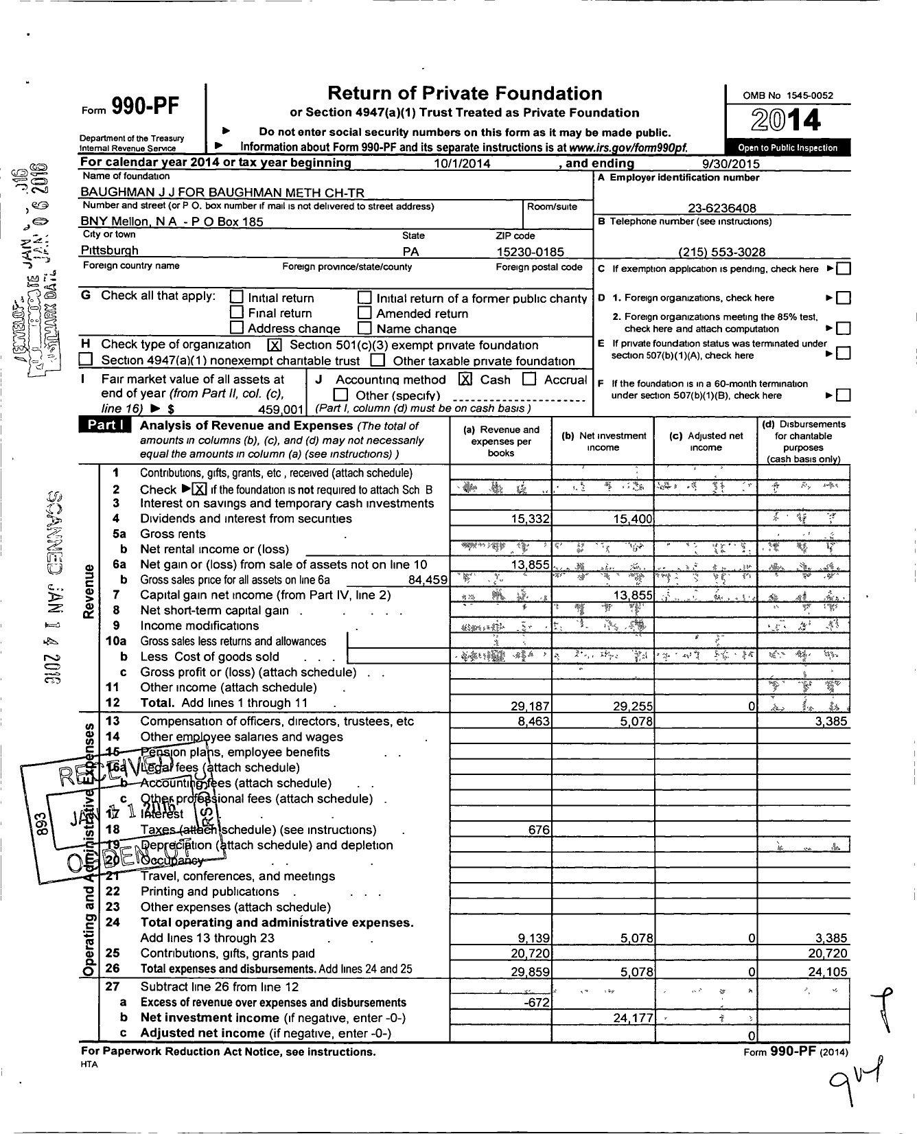 Image of first page of 2014 Form 990PF for Baughman J J for Baughman Meth CH-TR