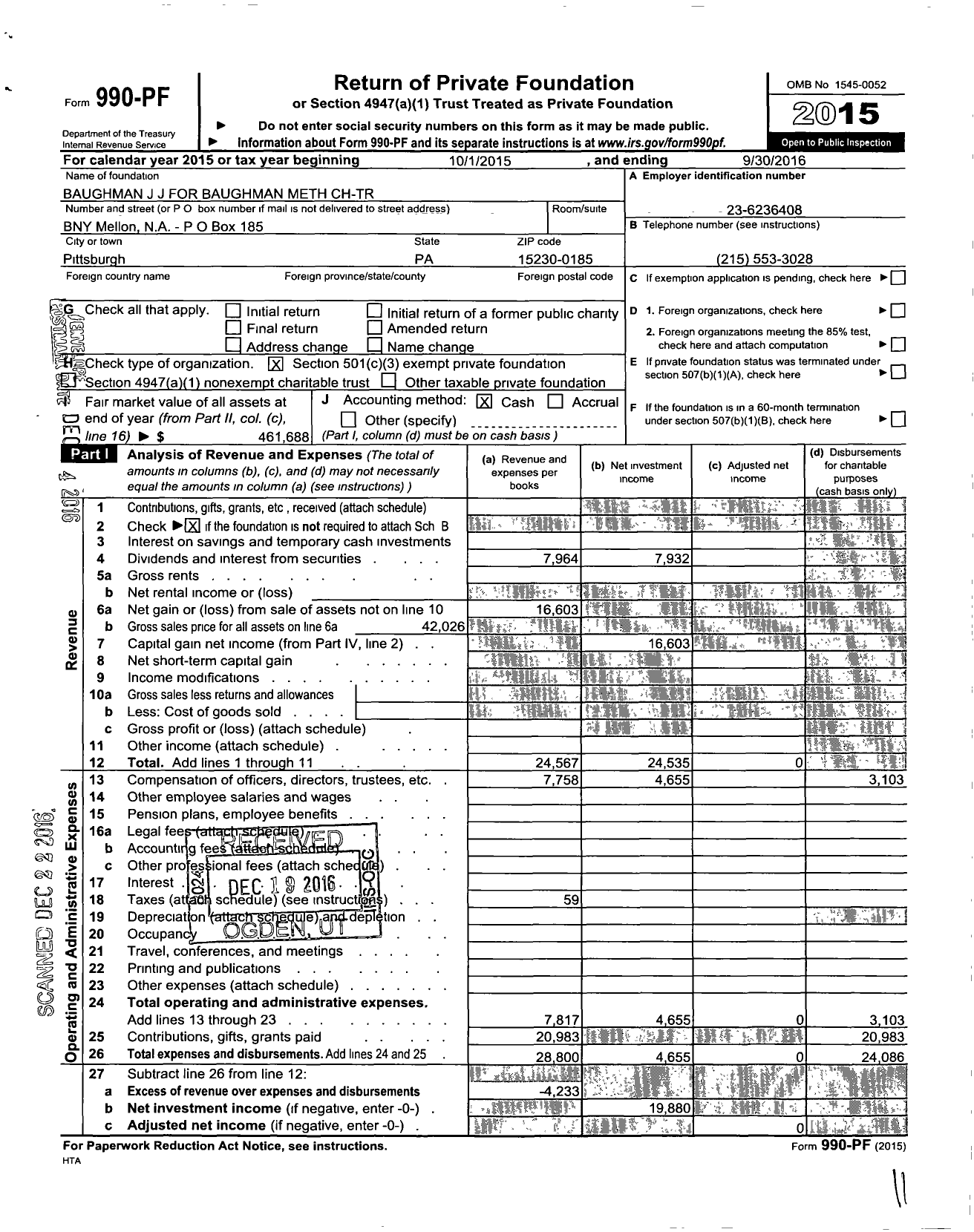 Image of first page of 2015 Form 990PF for Baughman J J for Baughman Meth CH-TR