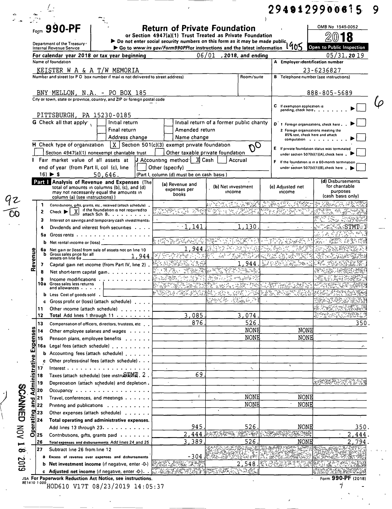 Image of first page of 2018 Form 990PF for Keister Wa A and A TW Memorial