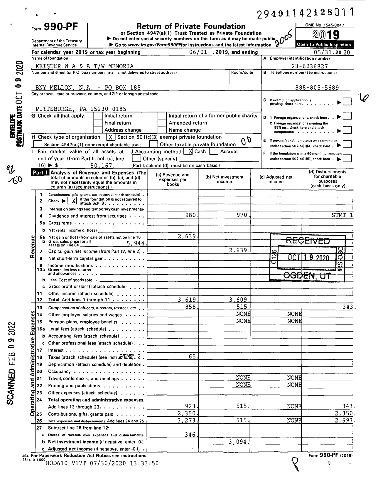 Image of first page of 2019 Form 990PF for Keister Wa A and A TW Memorial