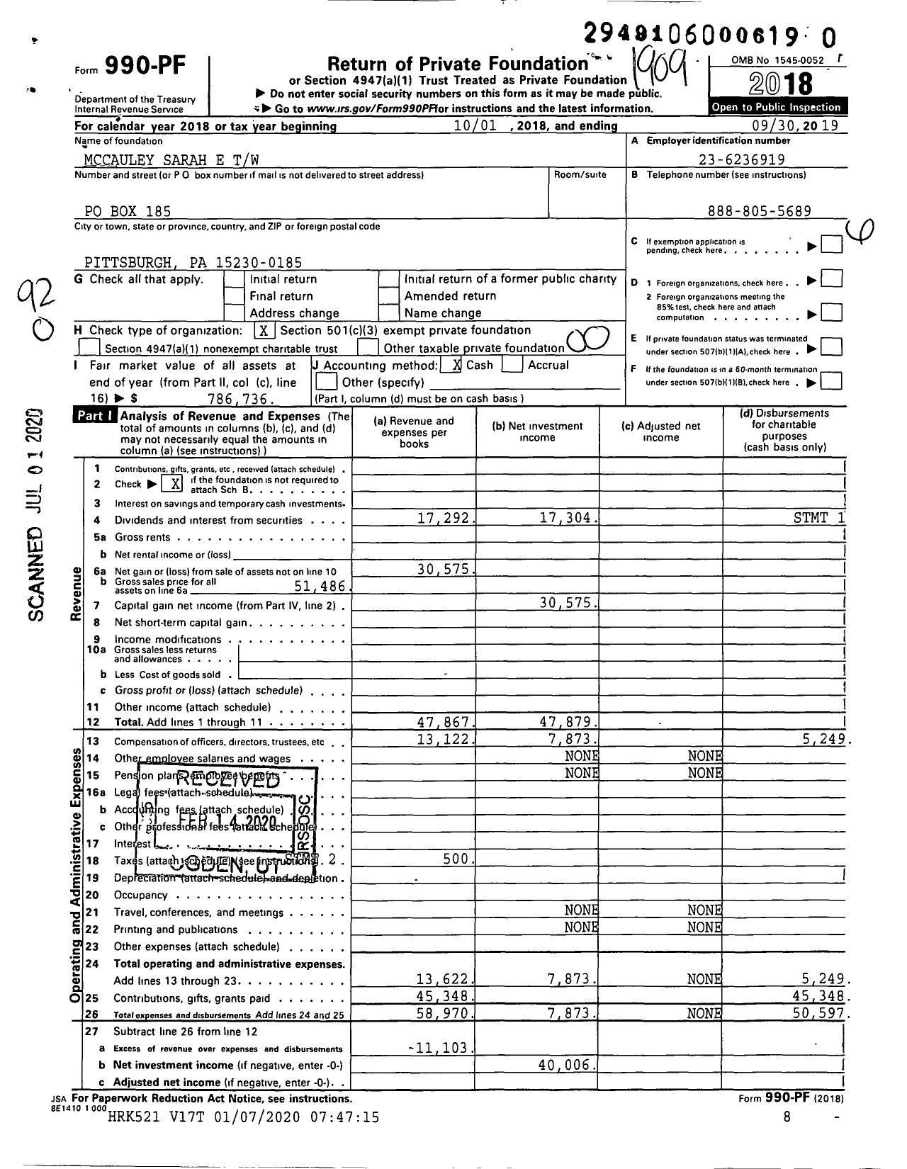 Image of first page of 2018 Form 990PR for Mccauley Sarah E TW