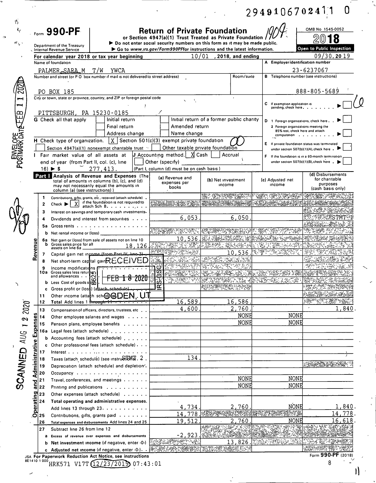 Image of first page of 2018 Form 990PR for Palmer Sara M TW Ywca