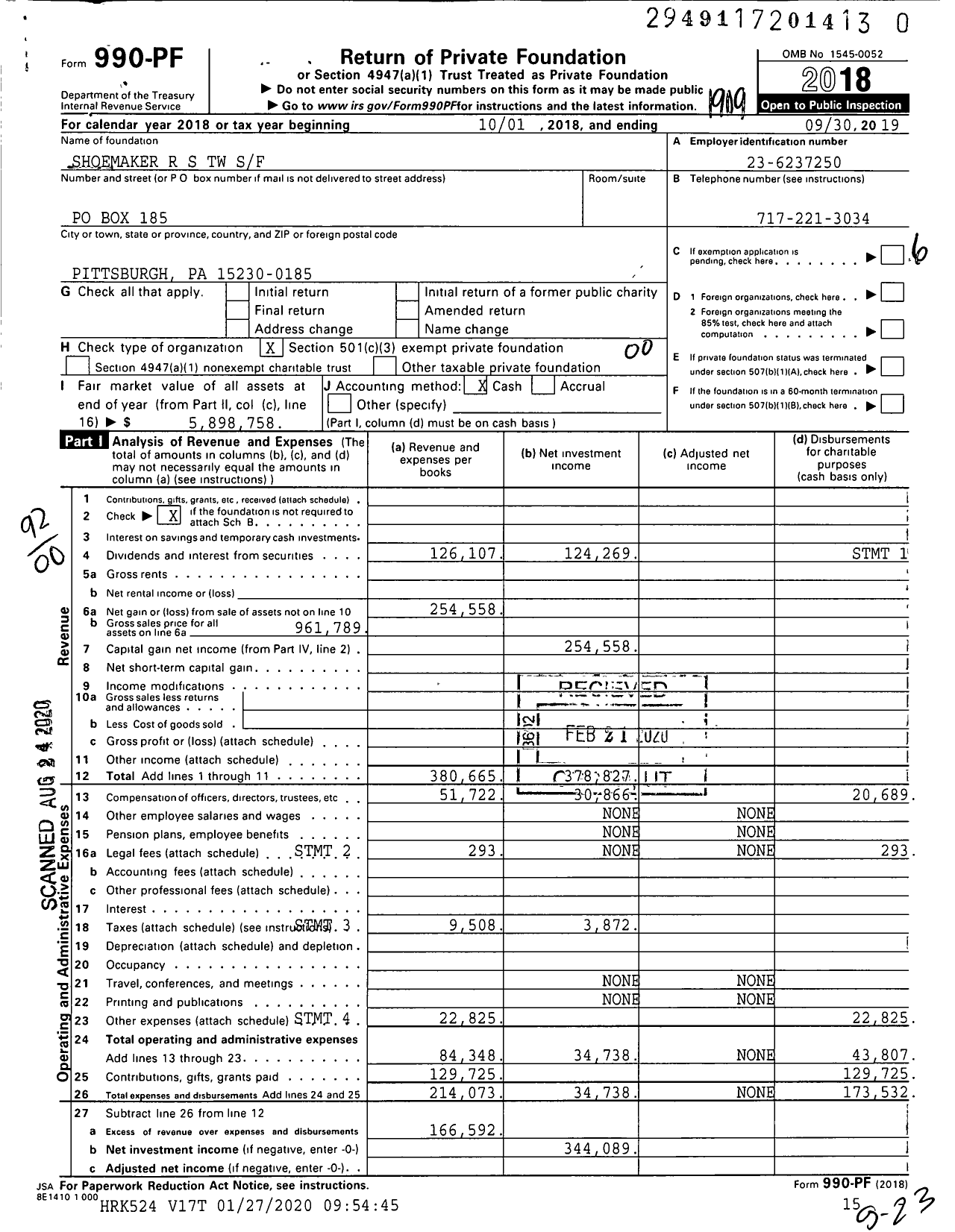 Image of first page of 2018 Form 990PR for Shoemaker R S TW SF