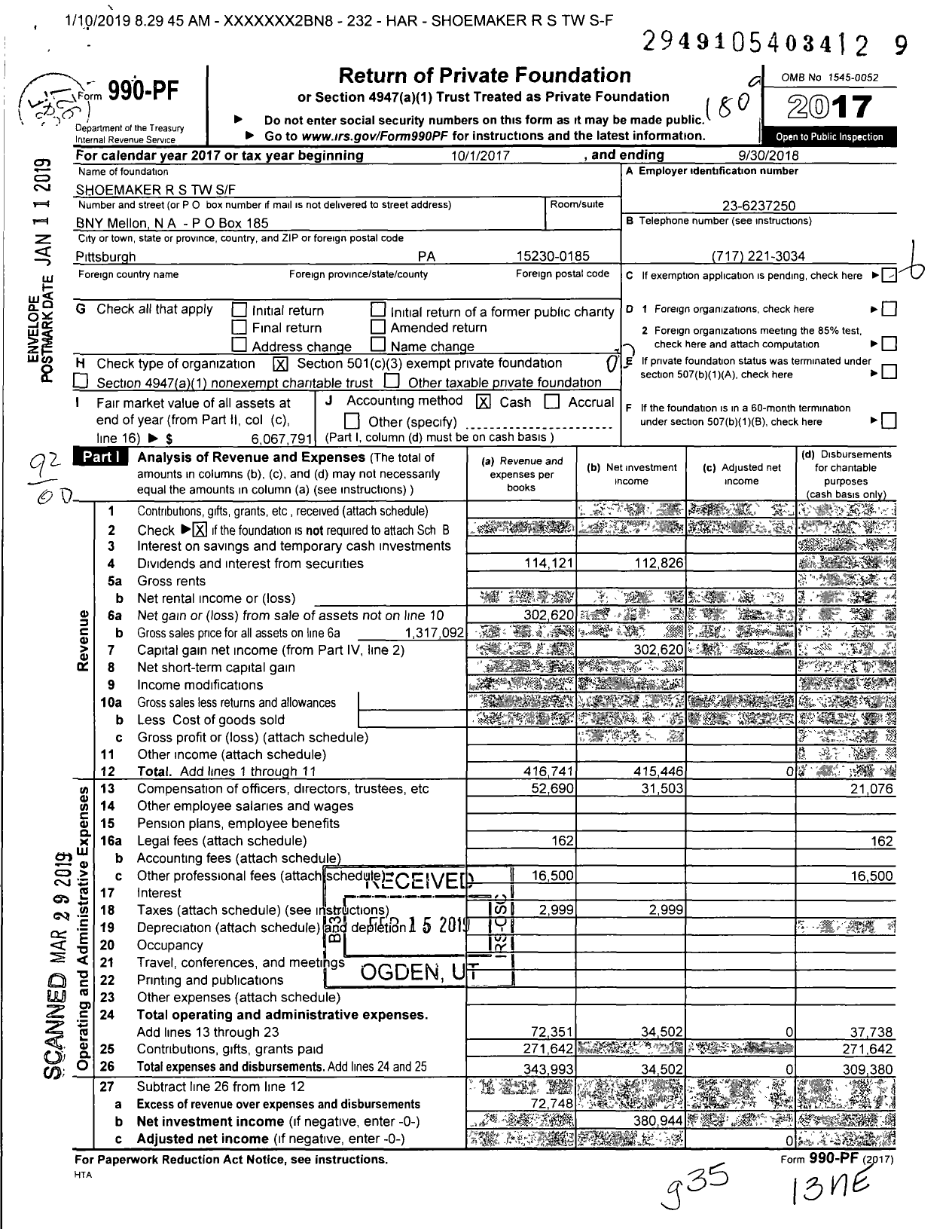 Image of first page of 2017 Form 990PF for Shoemaker R S TW SF