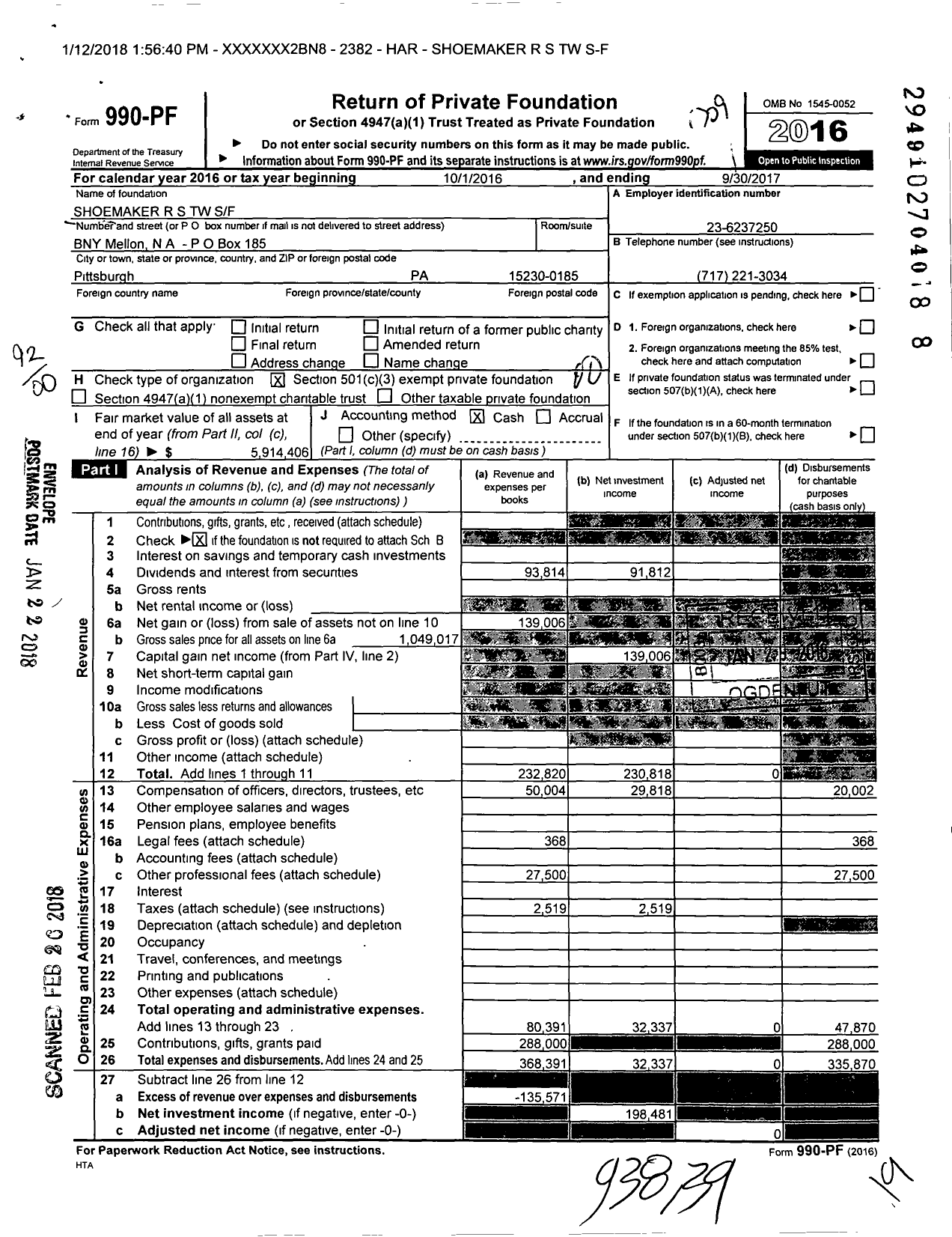 Image of first page of 2016 Form 990PF for Shoemaker R S TW SF