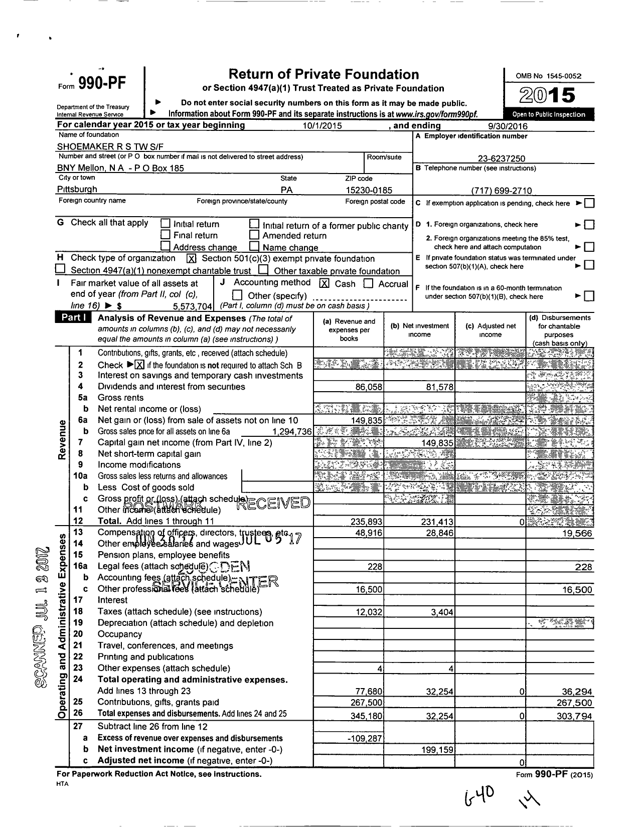 Image of first page of 2015 Form 990PF for Shoemaker R S TW SF