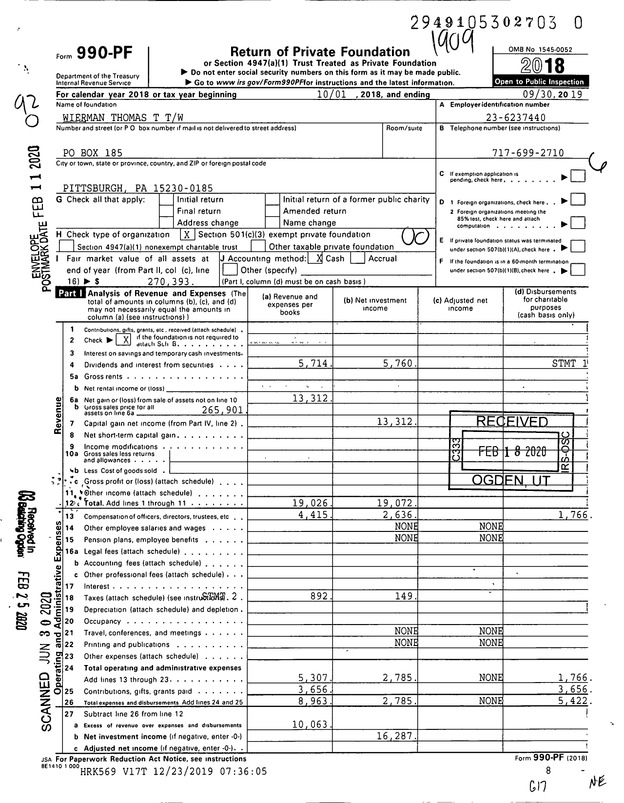 Image of first page of 2018 Form 990PR for Wierman Thomas T TW