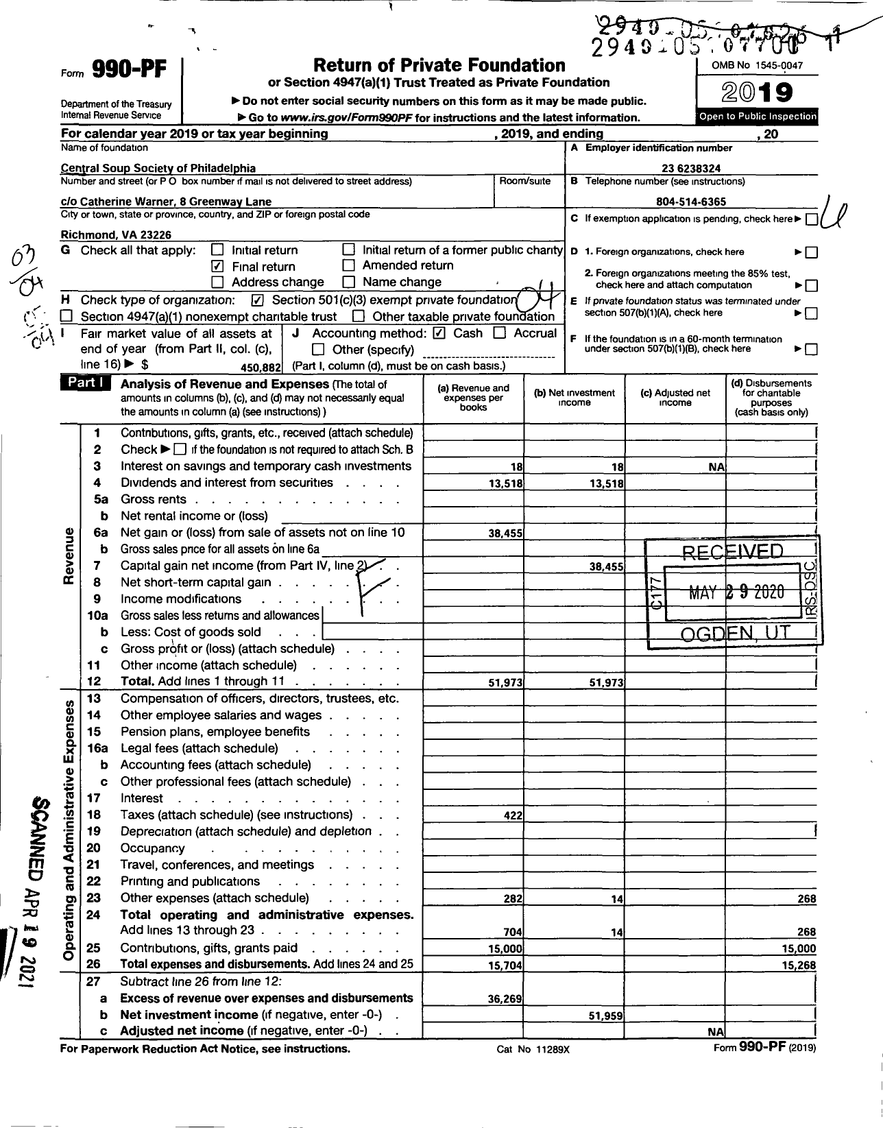 Image of first page of 2019 Form 990PF for Central Soup Society of Philadelphia