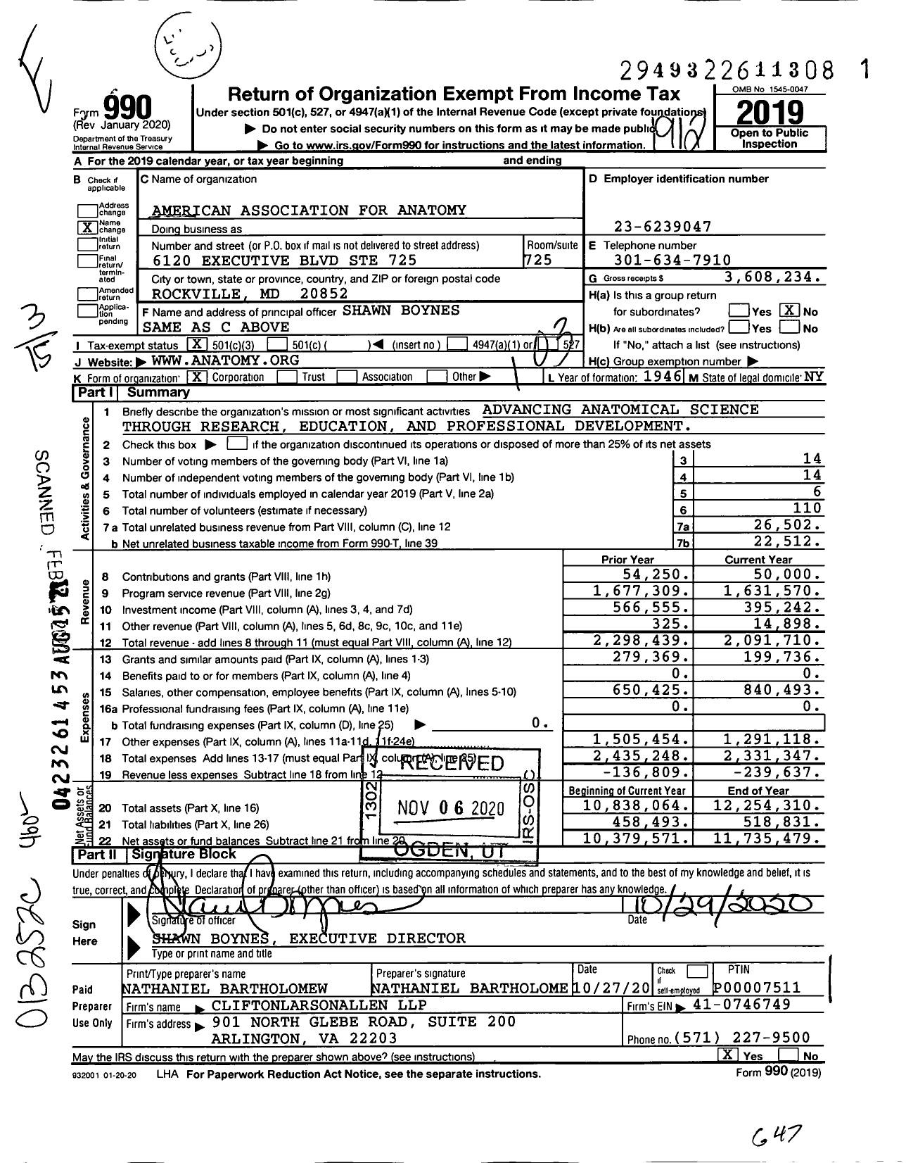 Image of first page of 2019 Form 990 for American Association for Anatomy (AAA)