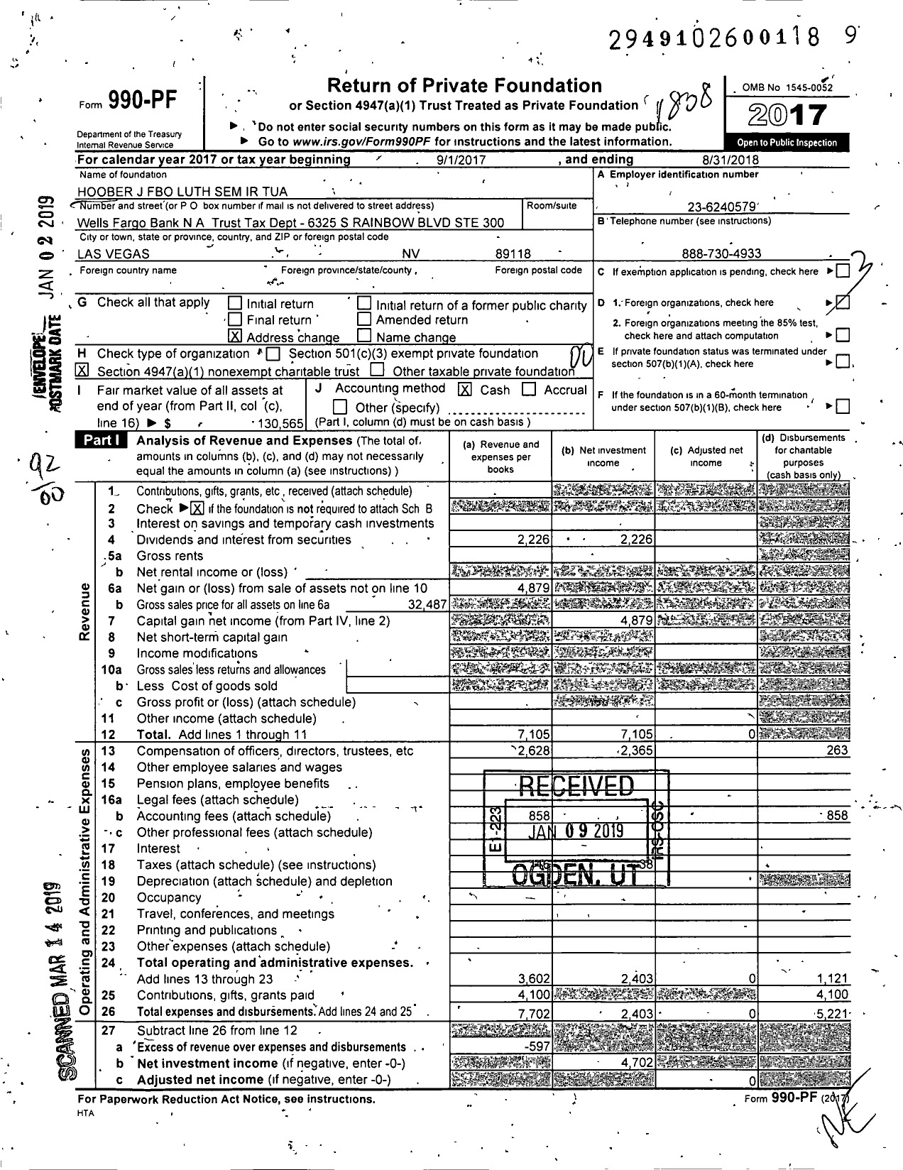 Image of first page of 2017 Form 990PF for Hoober J Fbo Luth Sem Ir Ir-Tua