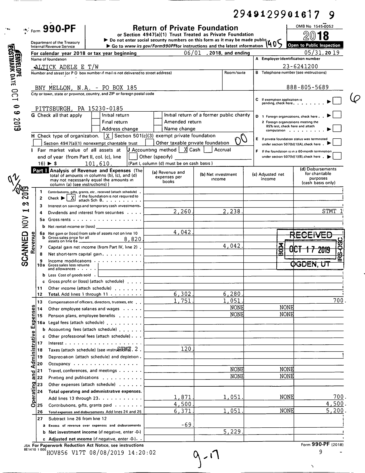 Image of first page of 2018 Form 990PF for Altick Adele E TW