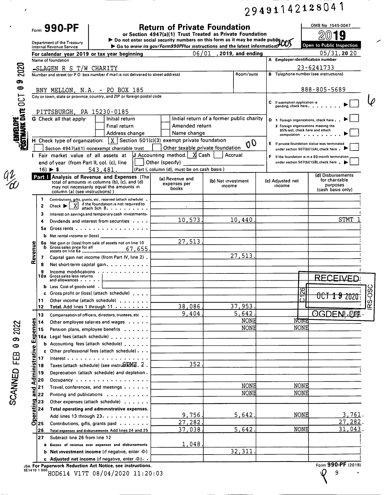 Image of first page of 2019 Form 990PF for Slagen R S TW Charity