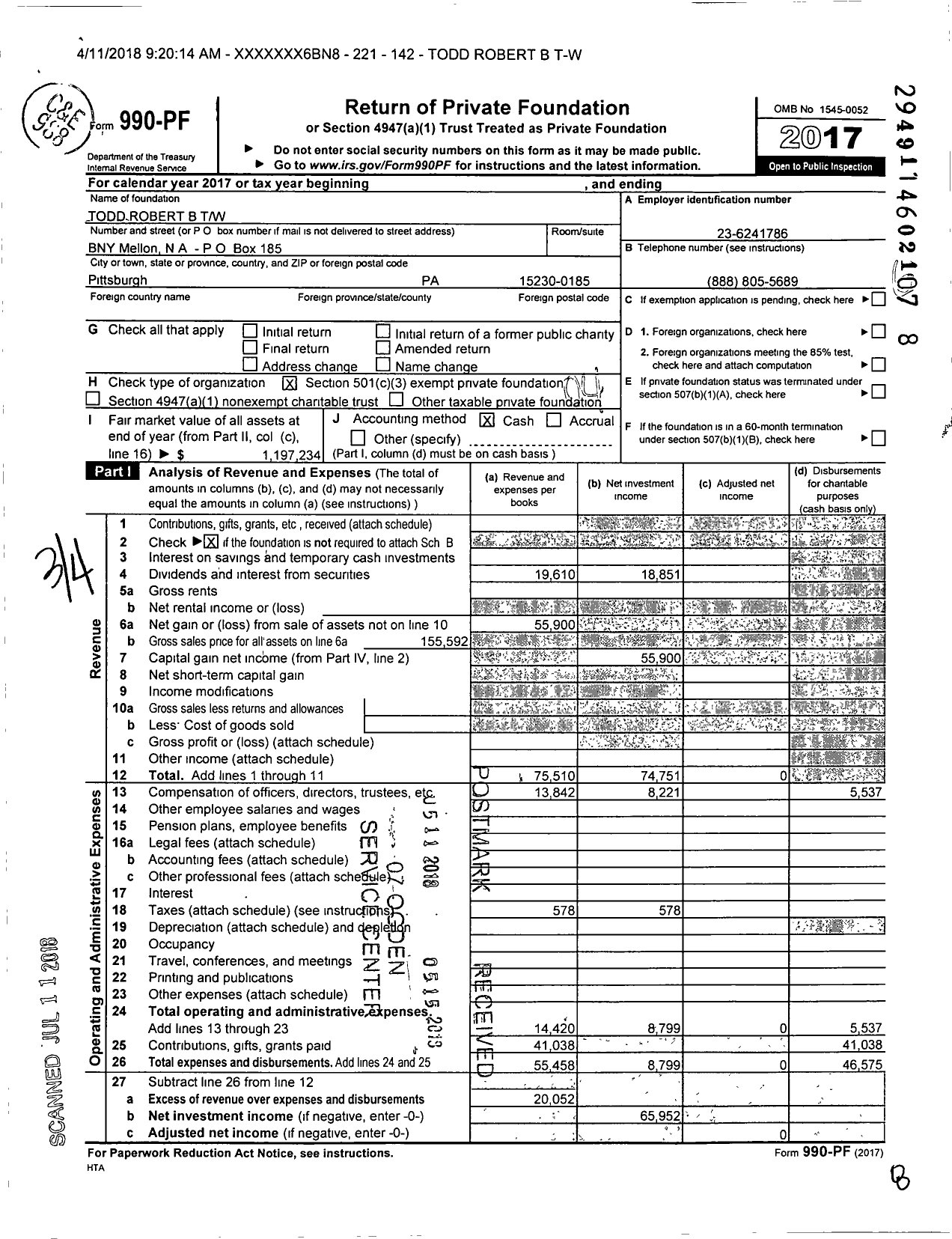 Image of first page of 2017 Form 990PF for Todd Robert B TW